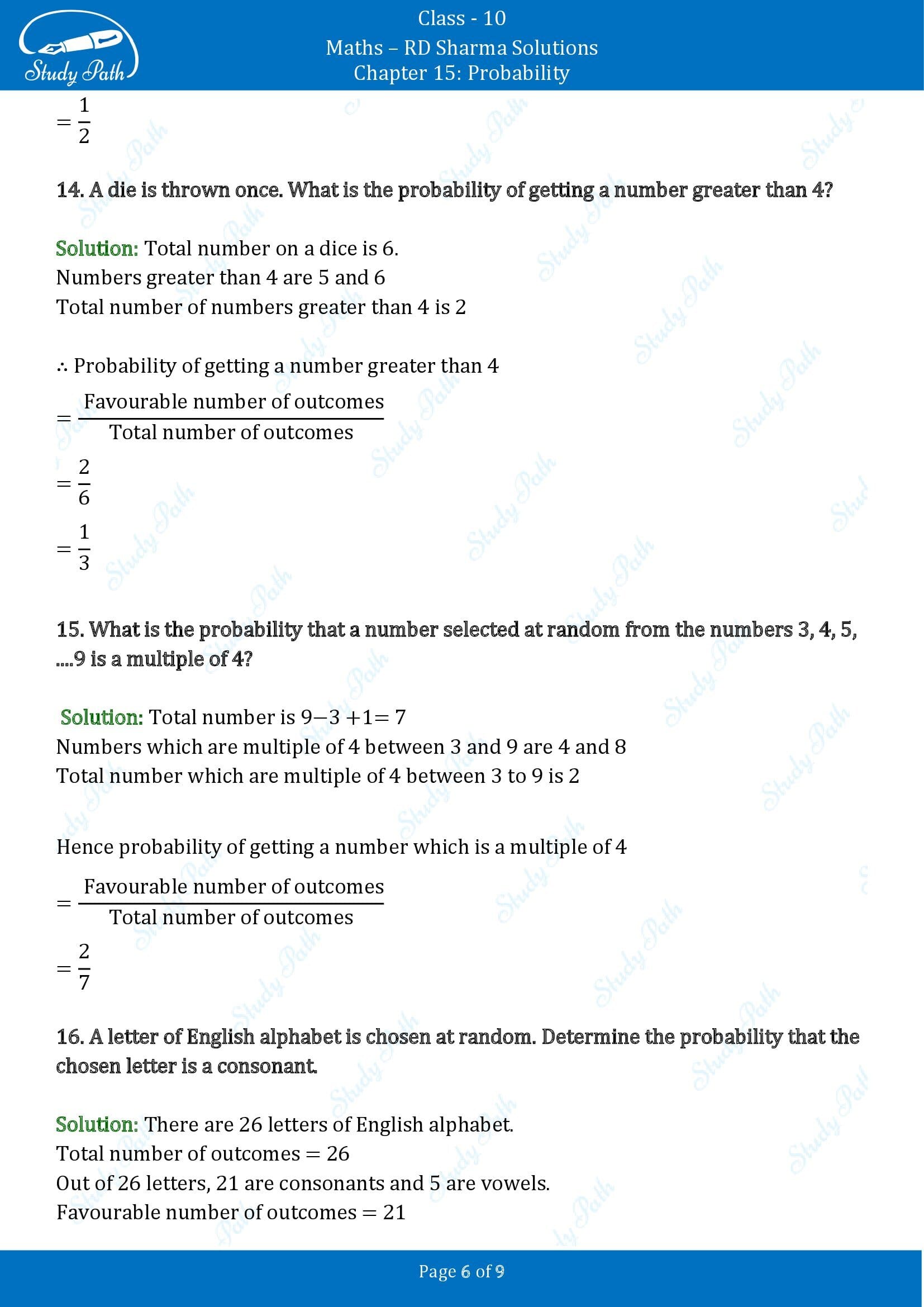 RD Sharma Solutions Class 10 Chapter 15 Probability Very Short Answer Type Questions VSAQs 00006