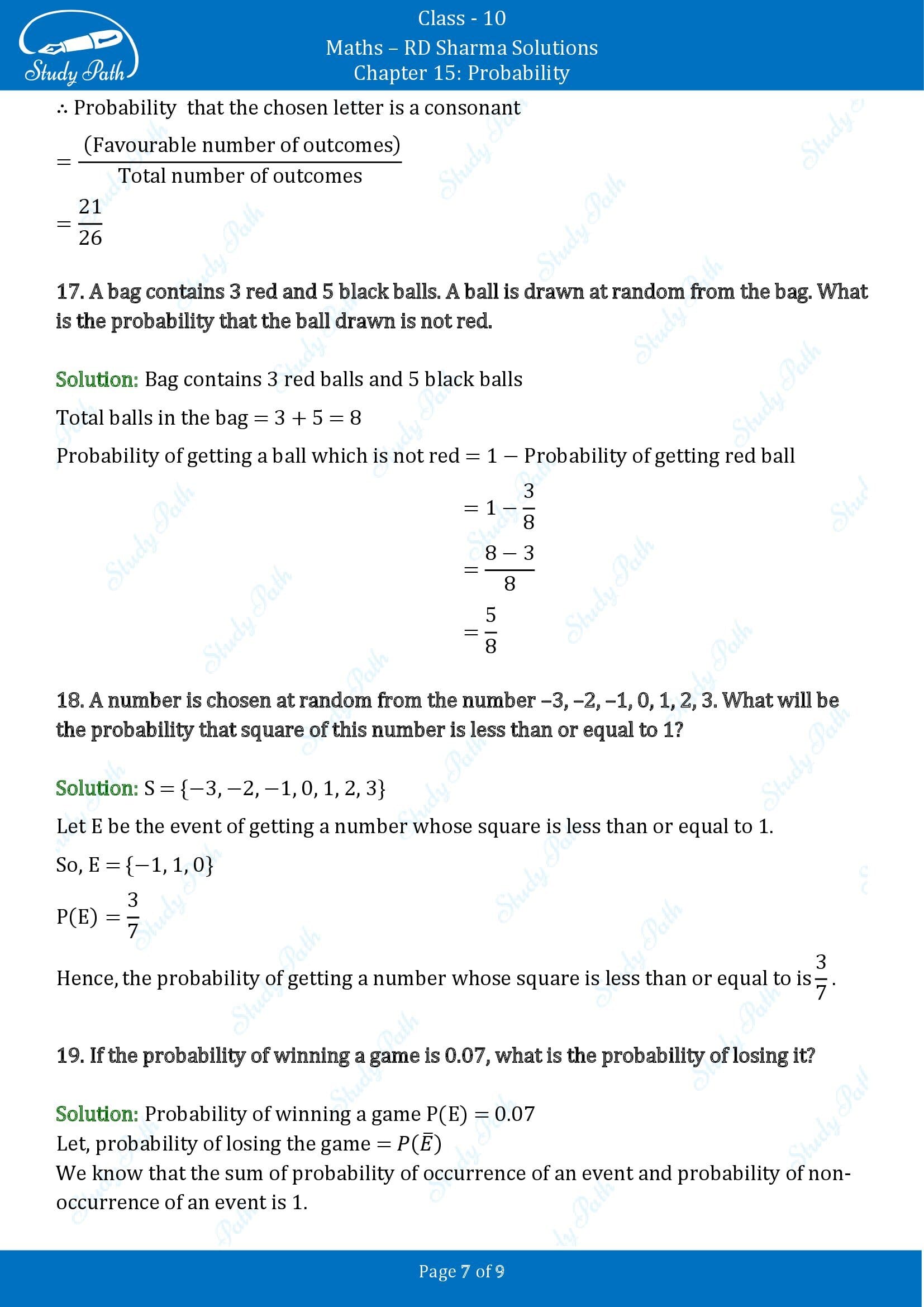 RD Sharma Solutions Class 10 Chapter 15 Probability Very Short Answer Type Questions VSAQs 00007