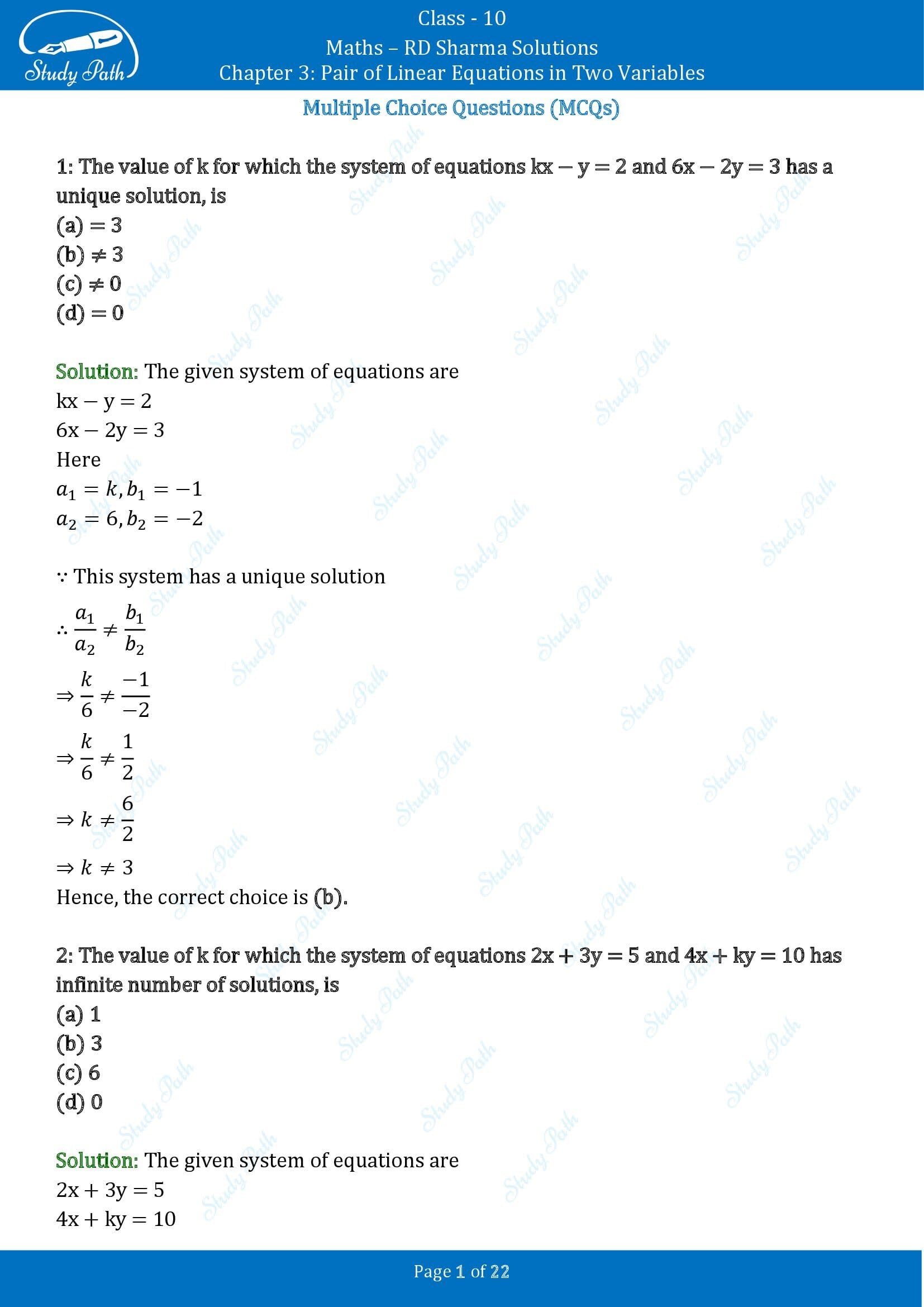 RD Sharma Solutions Class 10 Chapter 3 Pair of Linear Equations in Two Variables Multiple Choice Questions MCQs 0001