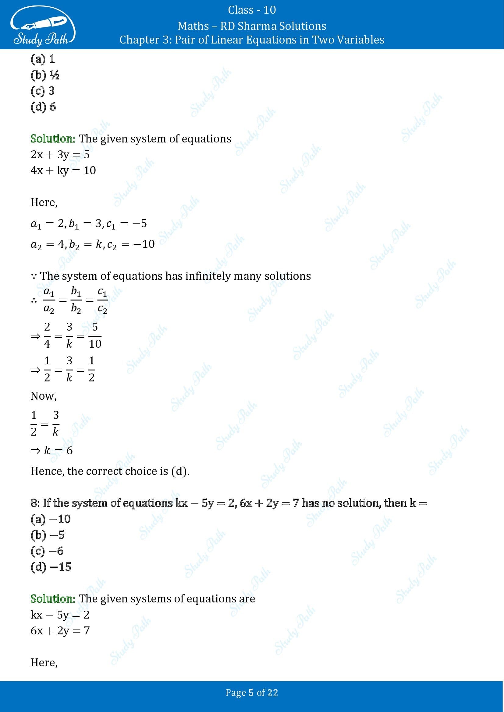 RD Sharma Solutions Class 10 Chapter 3 Pair of Linear Equations in Two Variables Multiple Choice Questions MCQs 0005