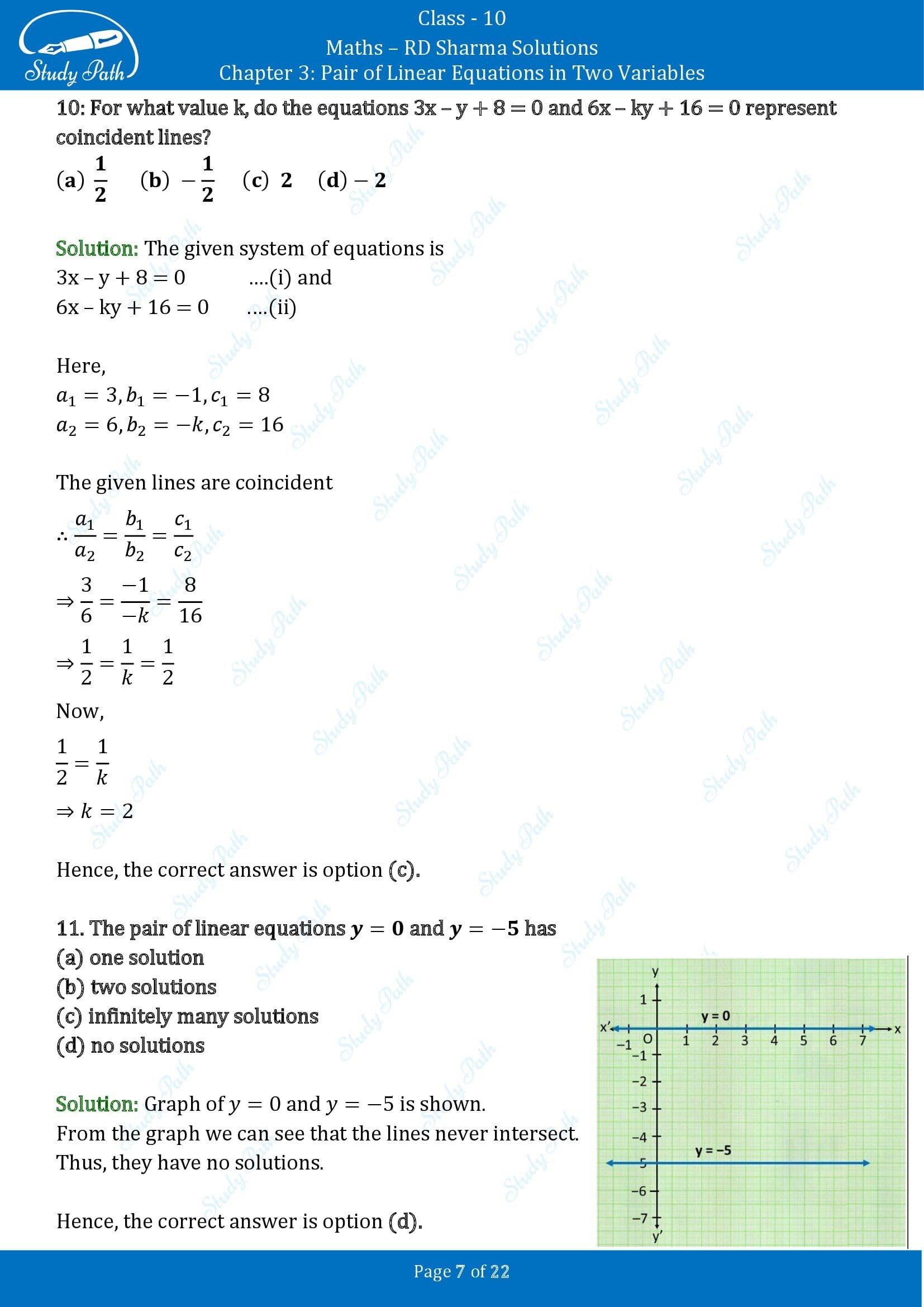 RD Sharma Solutions Class 10 Chapter 3 Pair of Linear Equations in Two Variables Multiple Choice Questions MCQs 0007