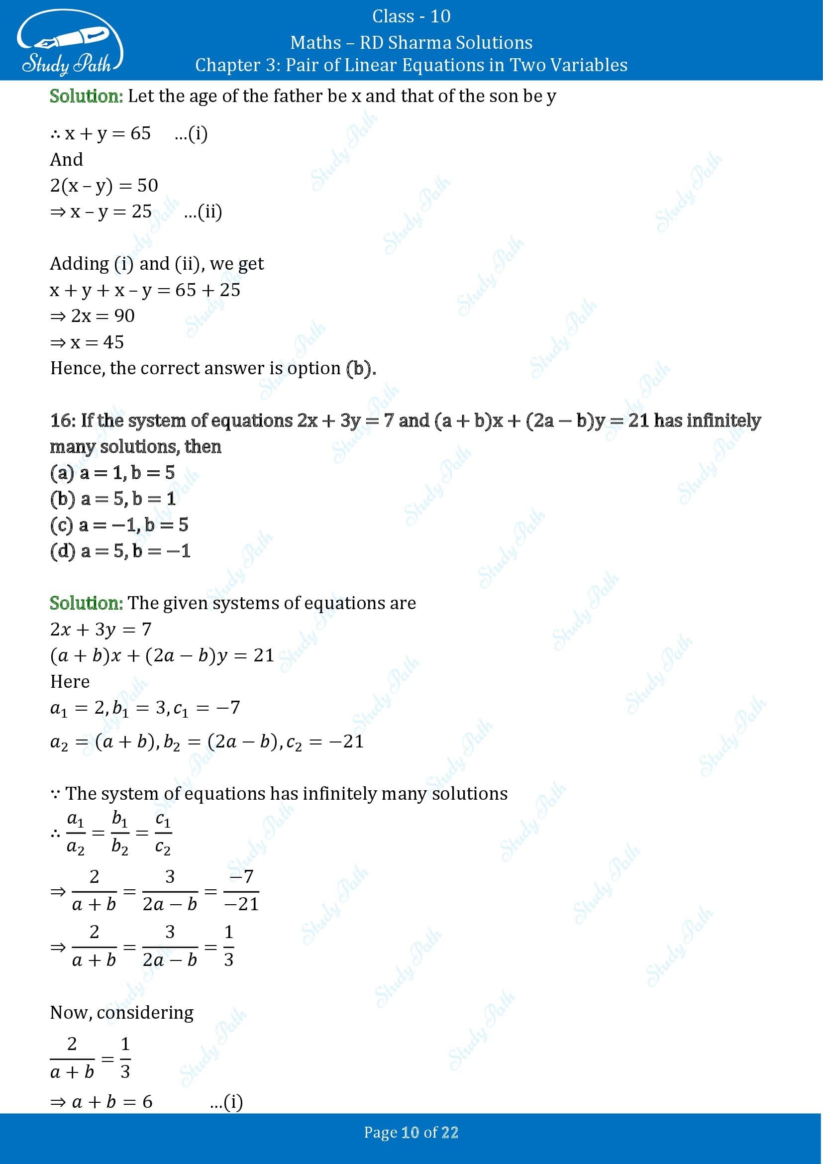 RD Sharma Solutions Class 10 Chapter 3 Pair of Linear Equations in Two Variables Multiple Choice Questions MCQs 0010