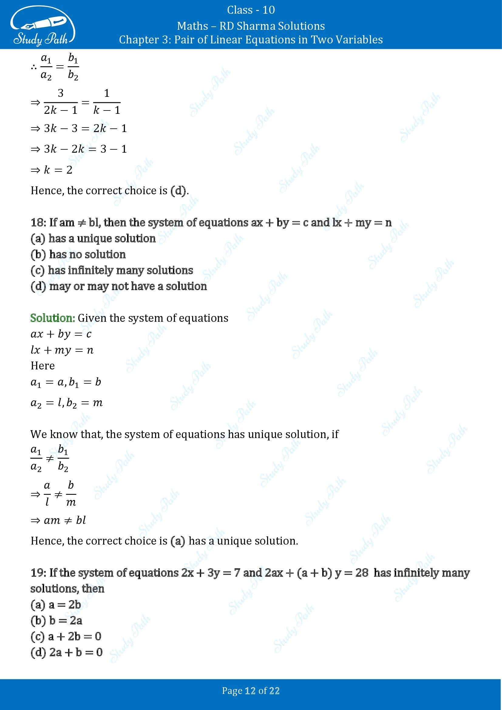 RD Sharma Solutions Class 10 Chapter 3 Pair of Linear Equations in Two Variables Multiple Choice Questions MCQs 0012