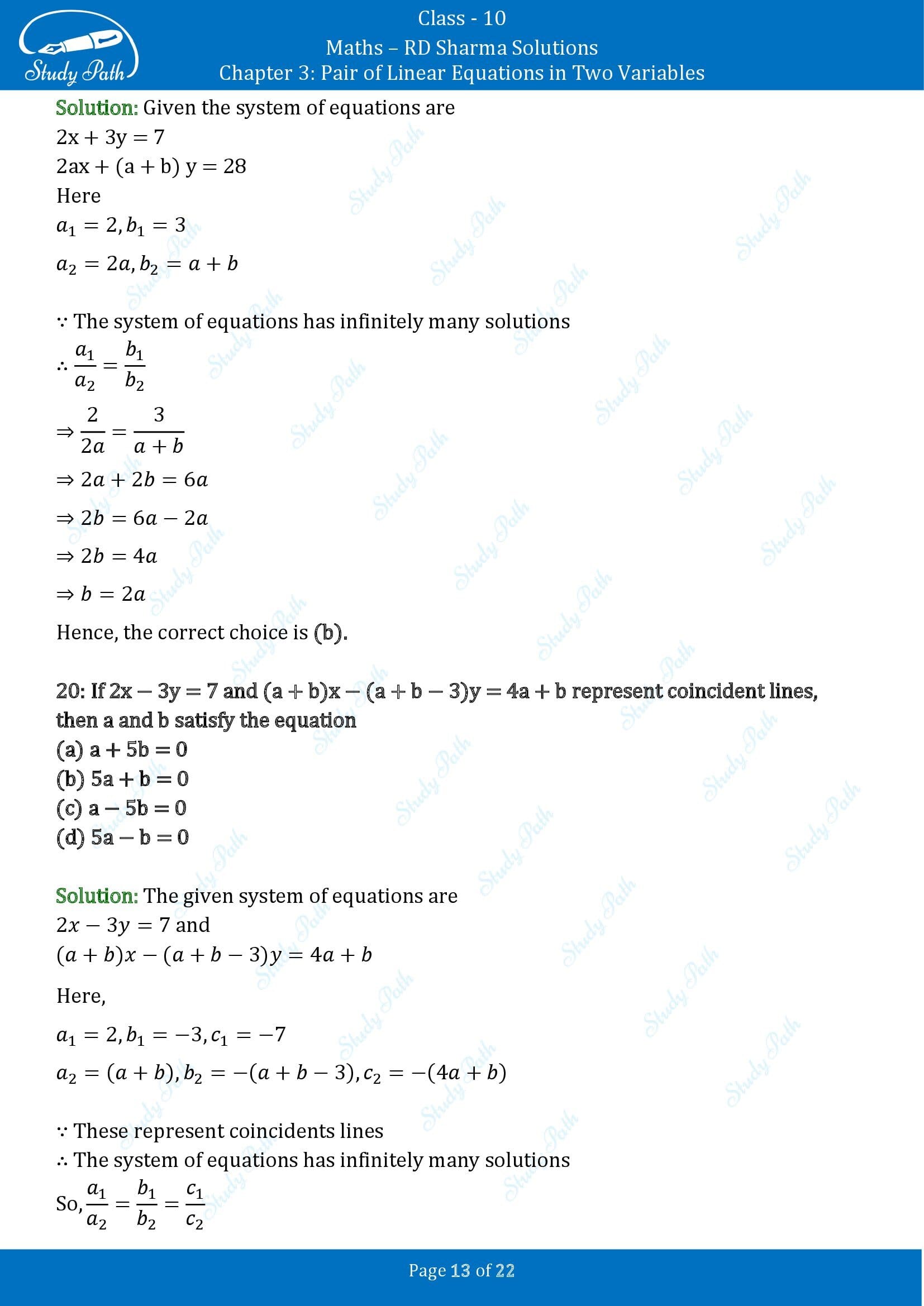 RD Sharma Solutions Class 10 Chapter 3 Pair of Linear Equations in Two Variables Multiple Choice Questions MCQs 0013