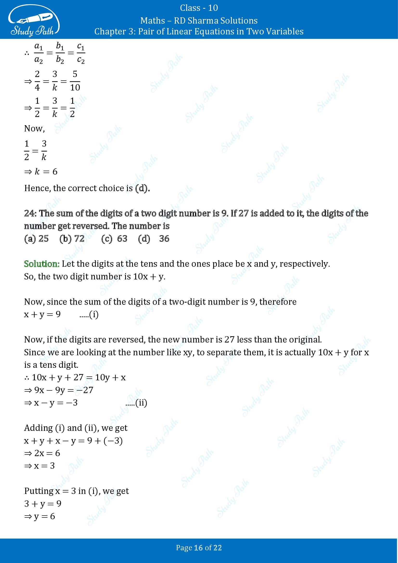 RD Sharma Solutions Class 10 Chapter 3 Pair of Linear Equations in Two Variables Multiple Choice Questions MCQs 0016