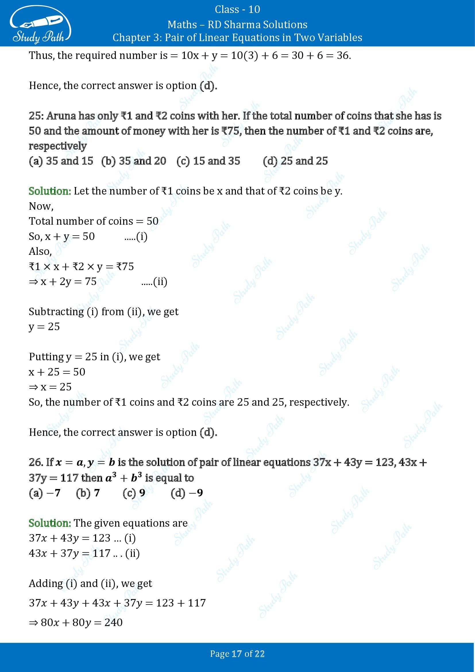 RD Sharma Solutions Class 10 Chapter 3 Pair of Linear Equations in Two Variables Multiple Choice Questions MCQs 0017