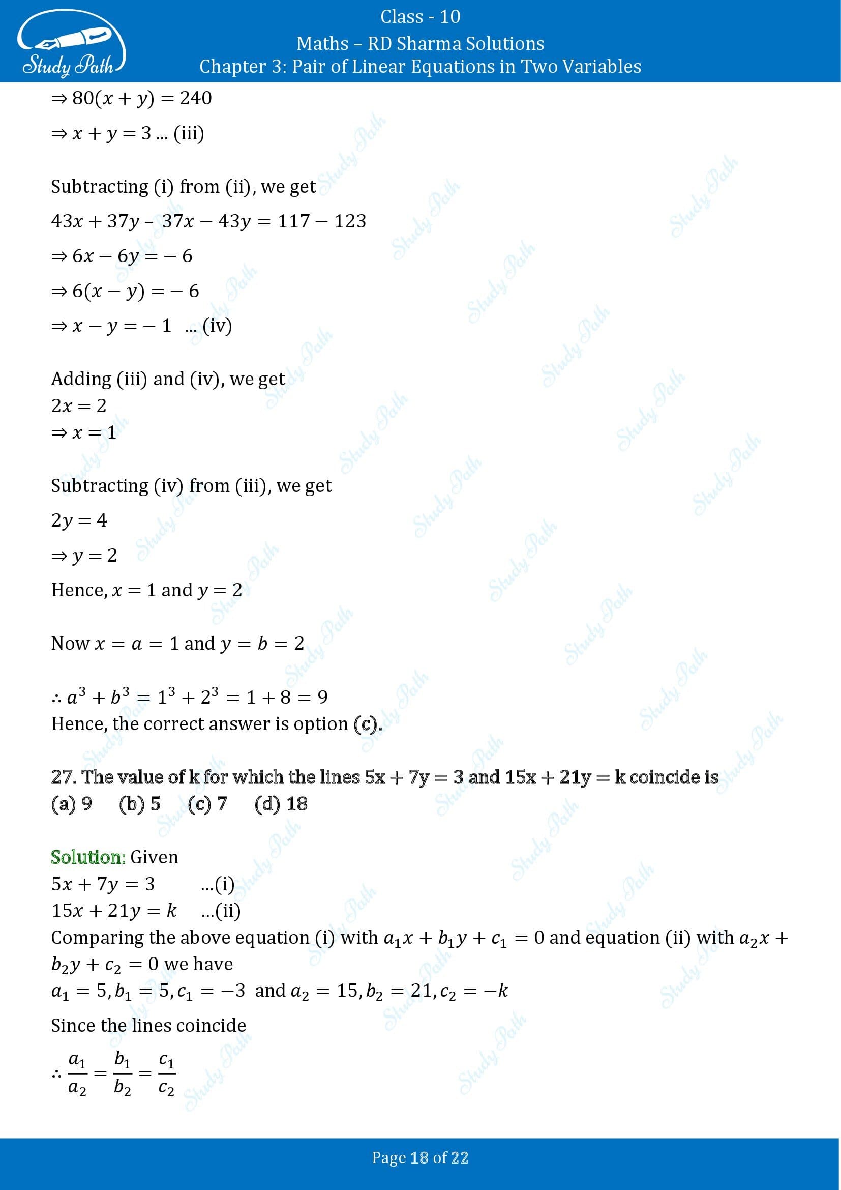 RD Sharma Solutions Class 10 Chapter 3 Pair of Linear Equations in Two Variables Multiple Choice Questions MCQs 0018