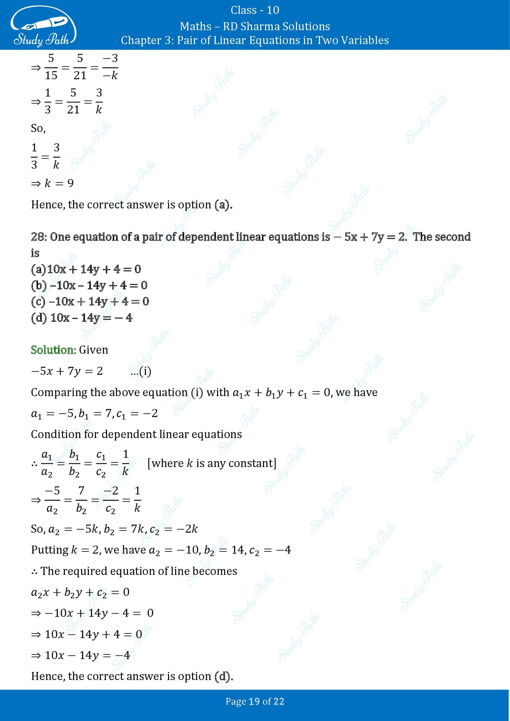 RD Sharma Solutions Class 10 Chapter 3 Pair of Linear Equations in Two Variables Multiple Choice Questions MCQs 0019