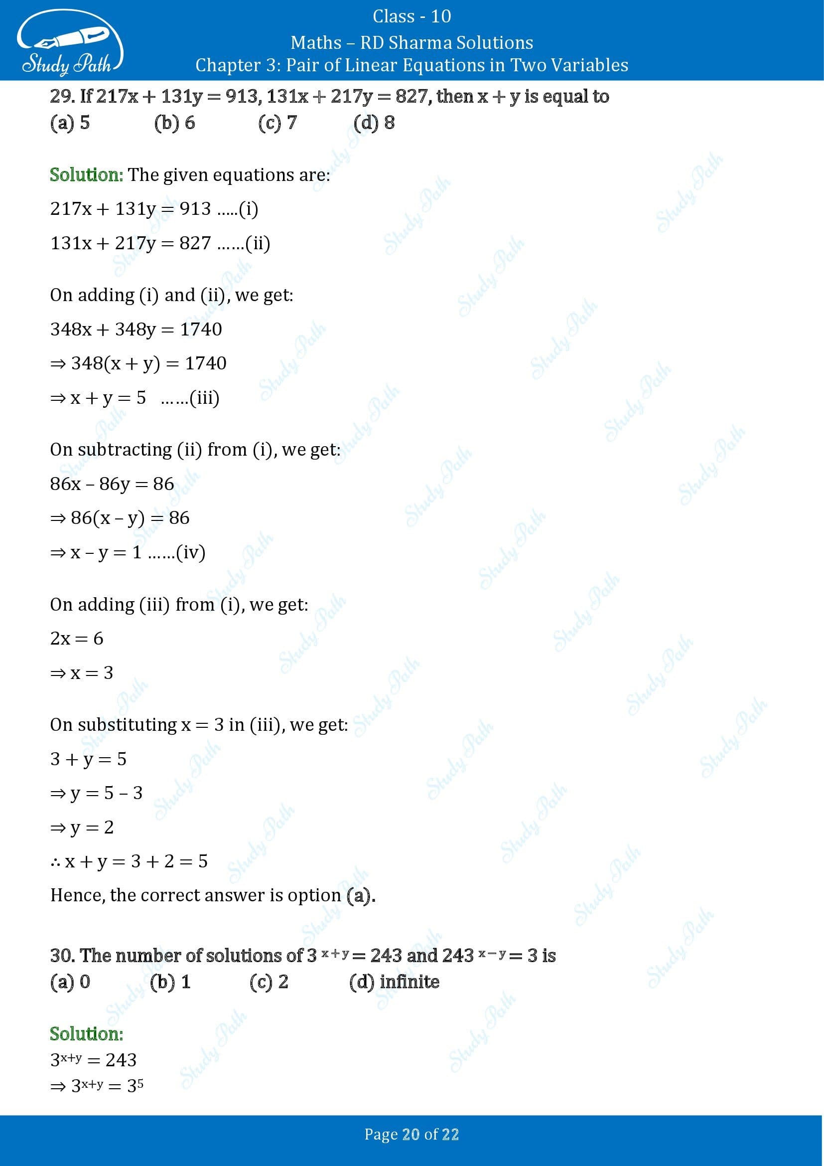 RD Sharma Solutions Class 10 Chapter 3 Pair of Linear Equations in Two Variables Multiple Choice Questions MCQs 0020