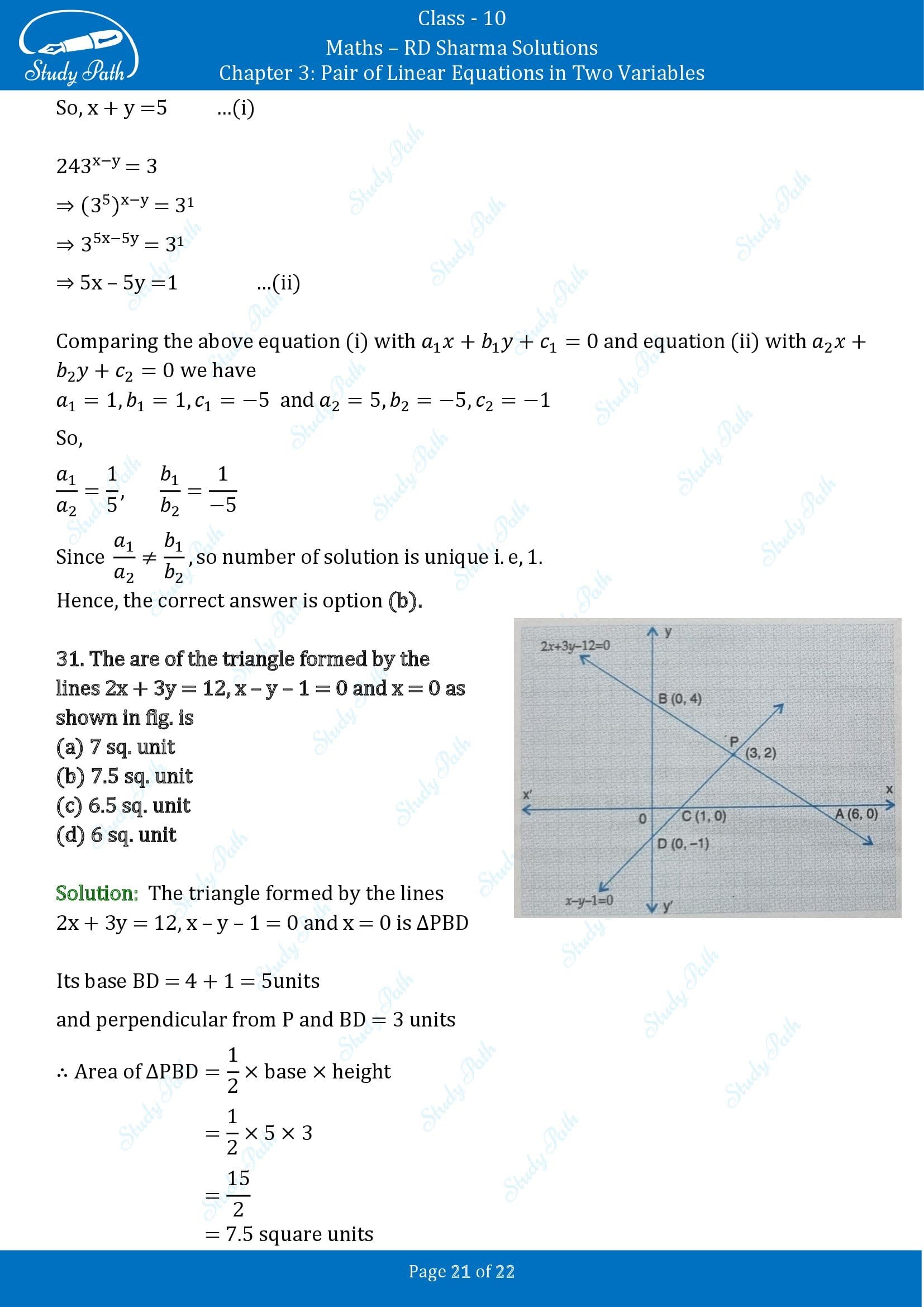 RD Sharma Solutions Class 10 Chapter 3 Pair of Linear Equations in Two Variables Multiple Choice Questions MCQs 0021