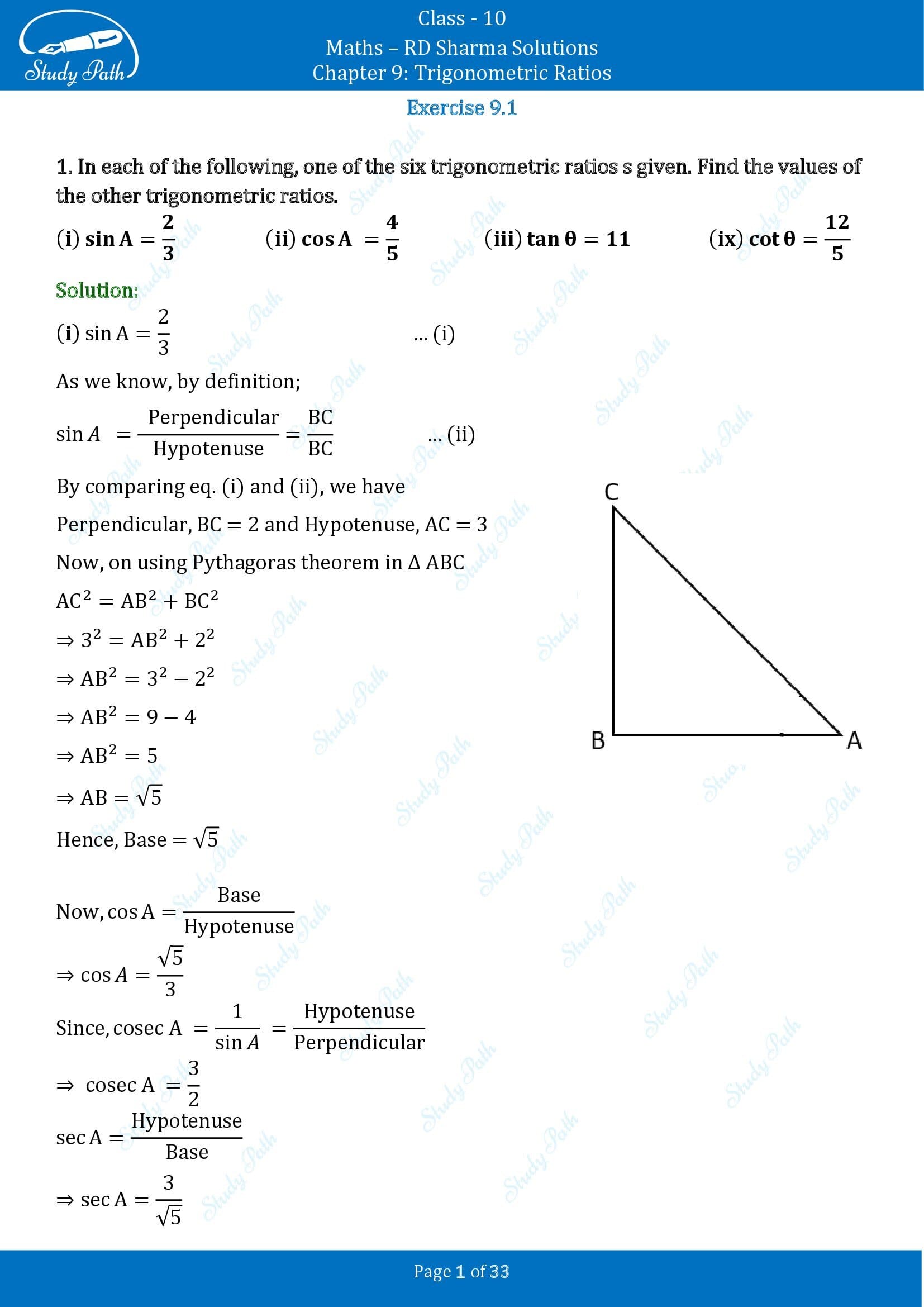 RD Sharma Solutions Class 10 Chapter 9 Trigonometric Ratios Exercise 9.1 00001