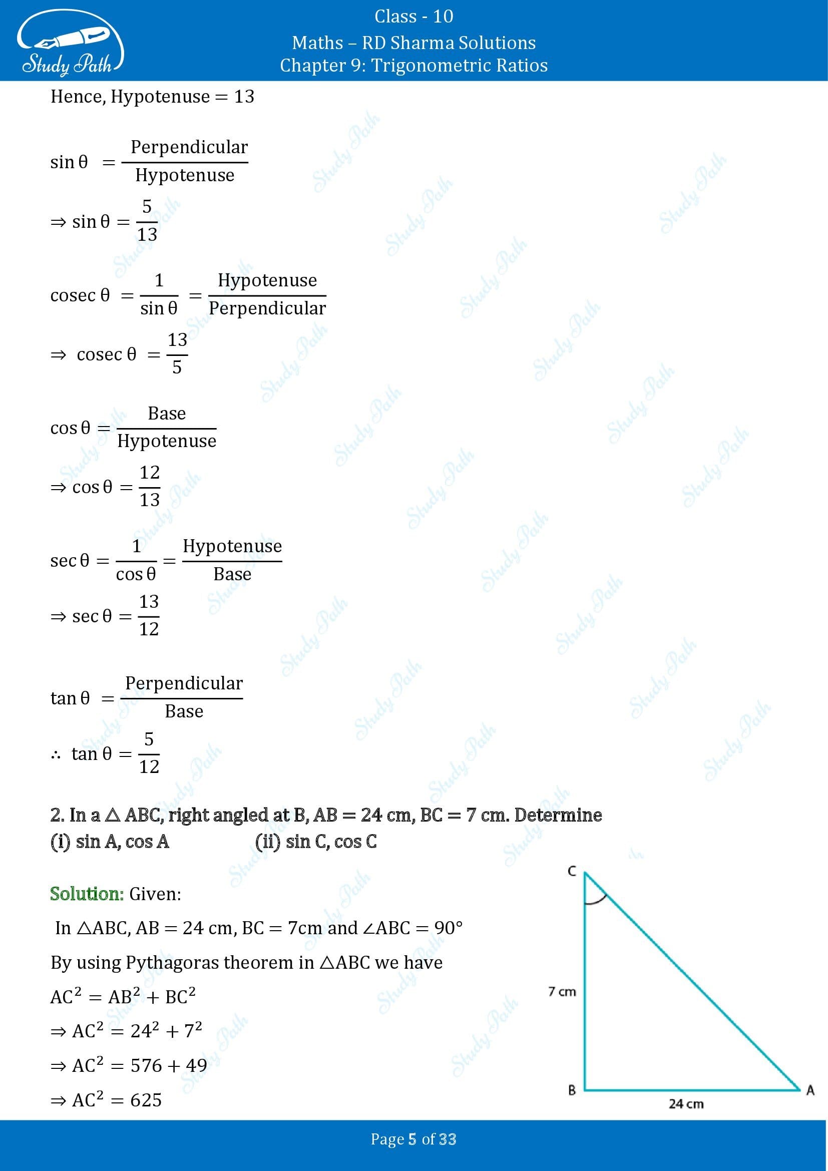 RD Sharma Solutions Class 10 Chapter 9 Trigonometric Ratios Exercise 9.1 00005