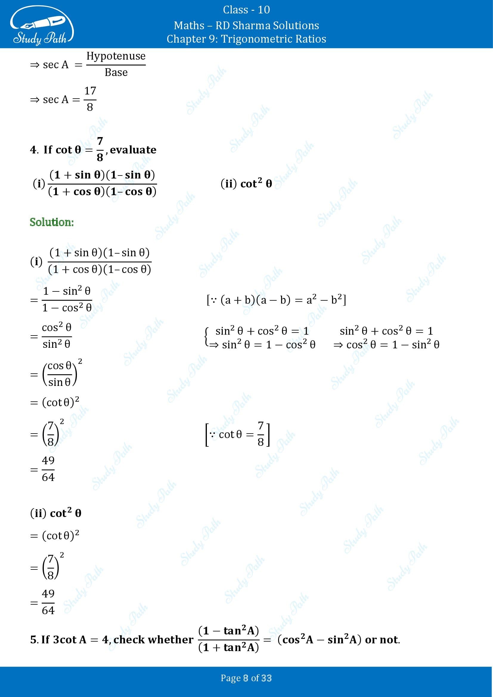 RD Sharma Solutions Class 10 Chapter 9 Trigonometric Ratios Exercise 9.1 00008