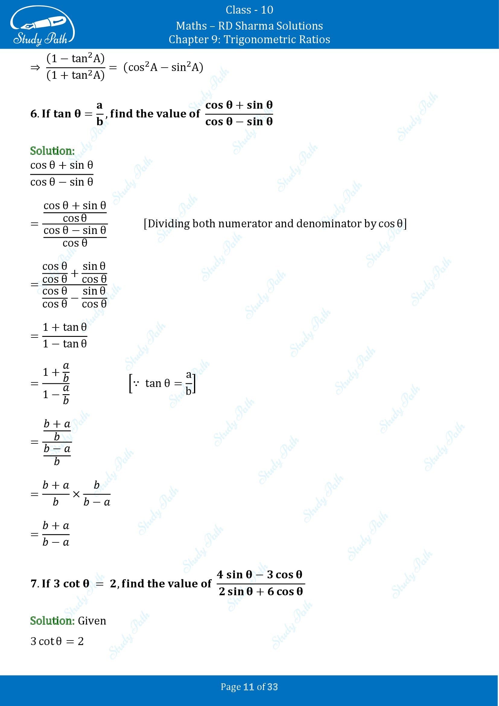 RD Sharma Solutions Class 10 Chapter 9 Trigonometric Ratios Exercise 9.1 00011