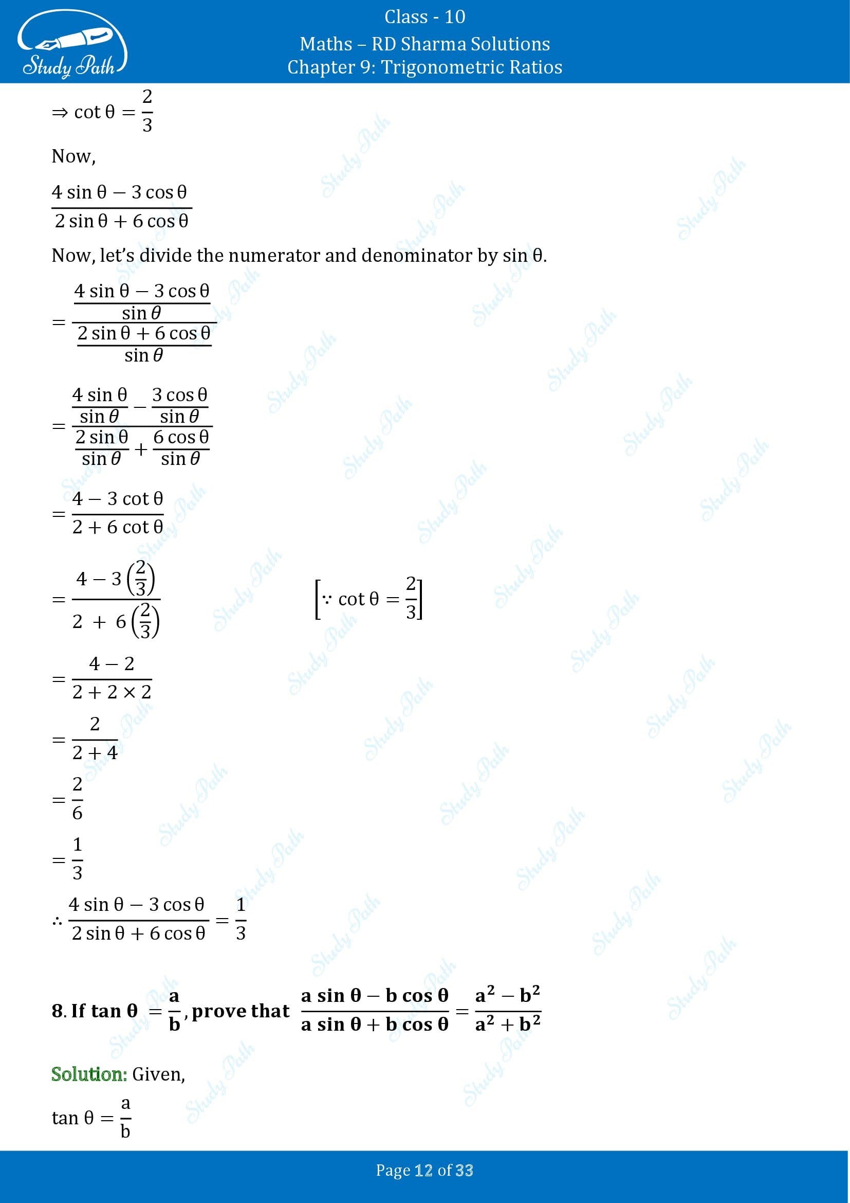 RD Sharma Solutions Class 10 Chapter 9 Trigonometric Ratios Exercise 9.1 00012