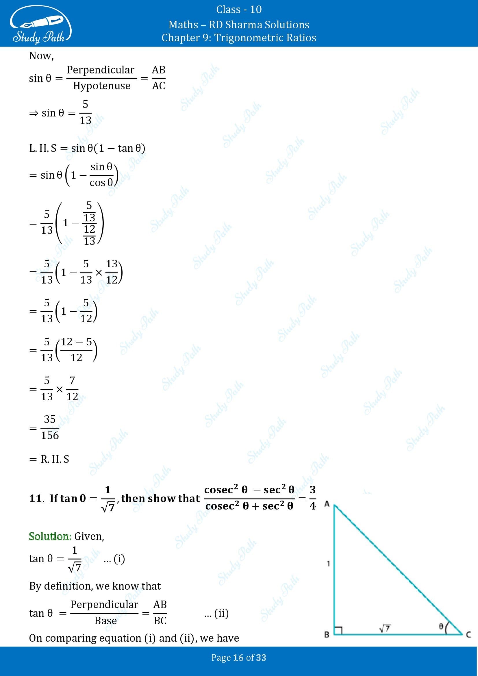 RD Sharma Solutions Class 10 Chapter 9 Trigonometric Ratios Exercise 9.1 00016