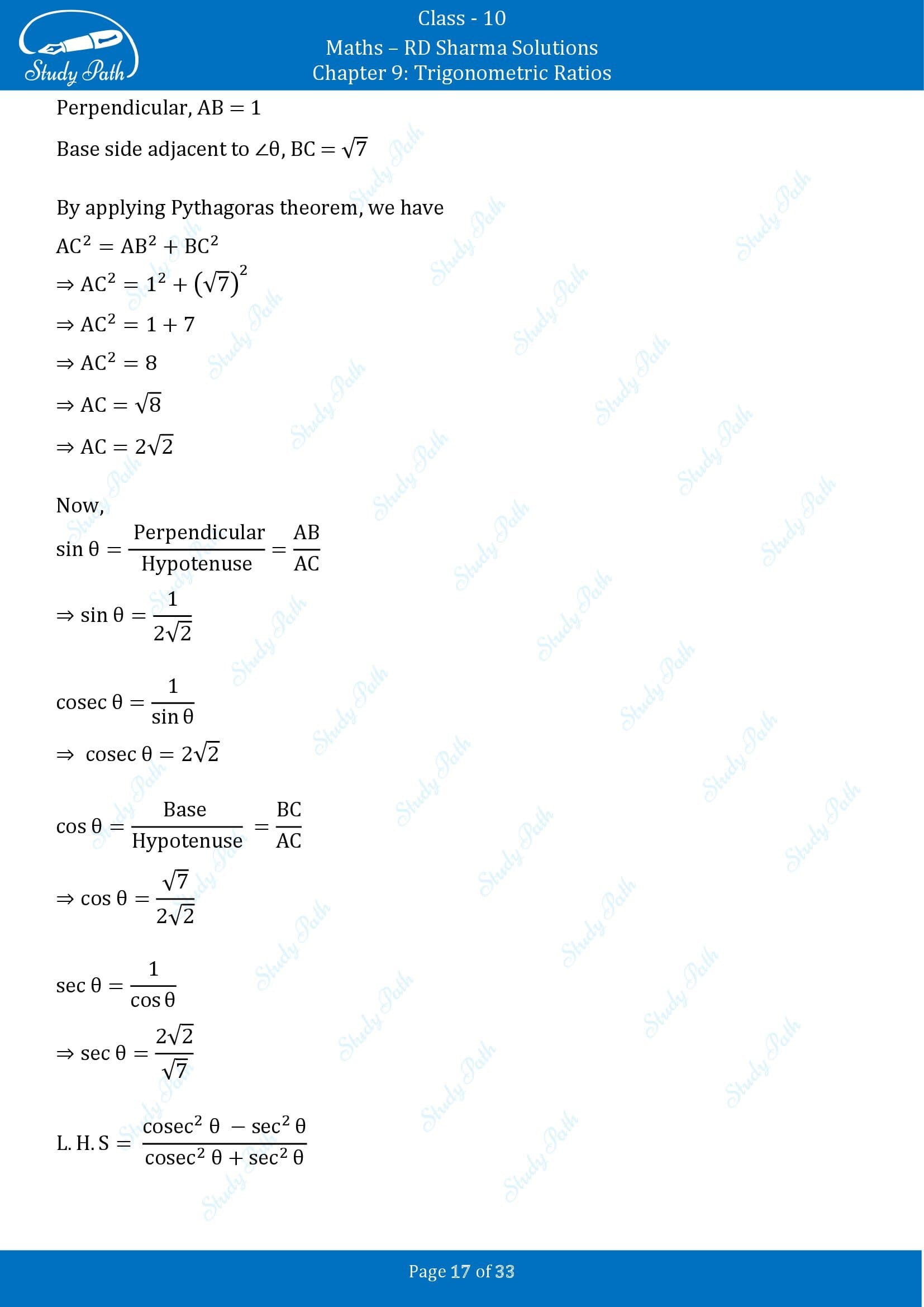 RD Sharma Solutions Class 10 Chapter 9 Trigonometric Ratios Exercise 9.1 00017