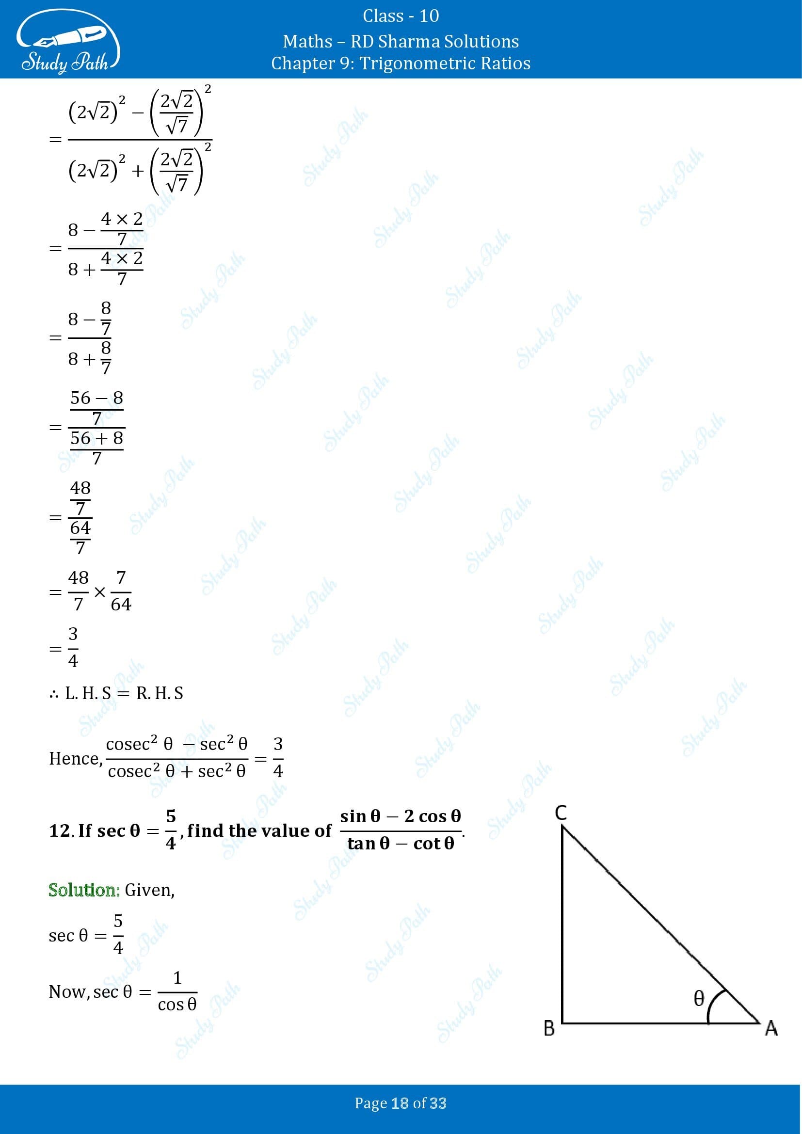 RD Sharma Solutions Class 10 Chapter 9 Trigonometric Ratios Exercise 9.1 00018