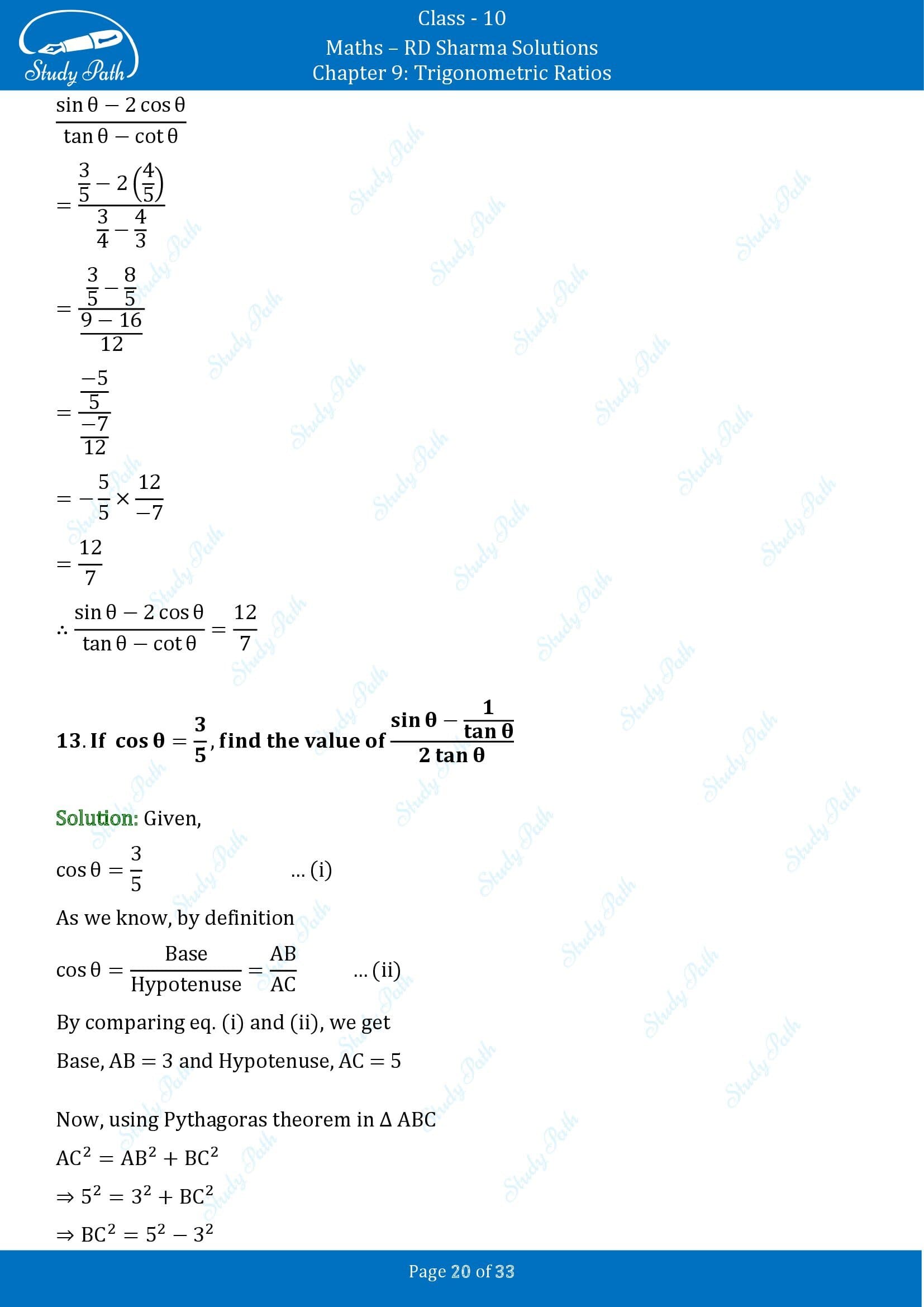 RD Sharma Solutions Class 10 Chapter 9 Trigonometric Ratios Exercise 9.1 00020