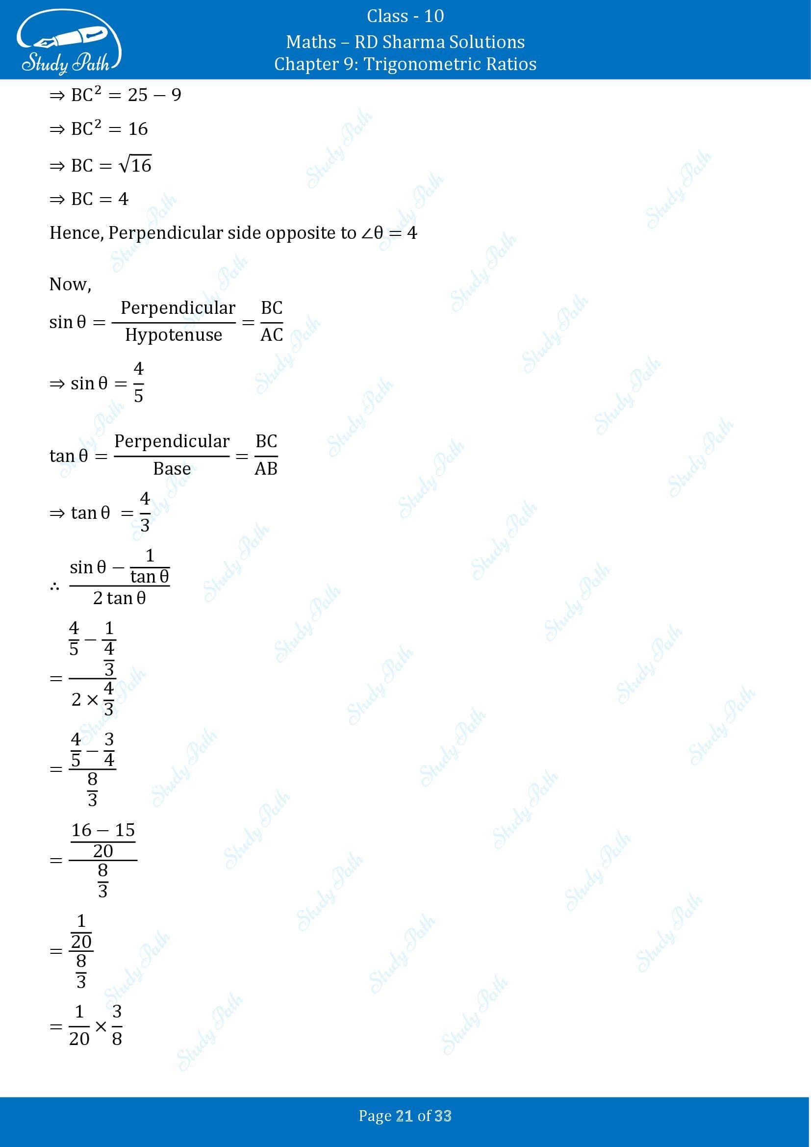 RD Sharma Solutions Class 10 Chapter 9 Trigonometric Ratios Exercise 9.1 00021