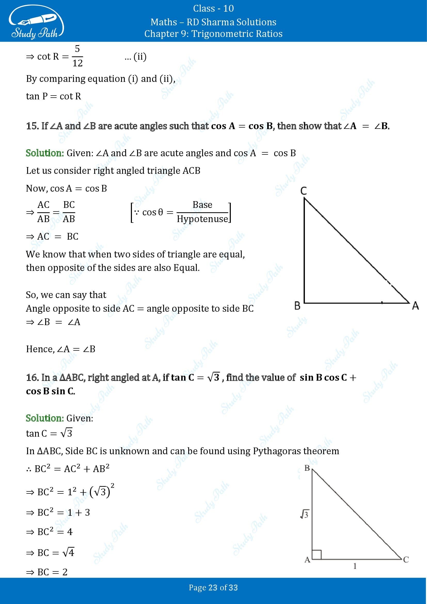 RD Sharma Solutions Class 10 Chapter 9 Trigonometric Ratios Exercise 9.1 00023