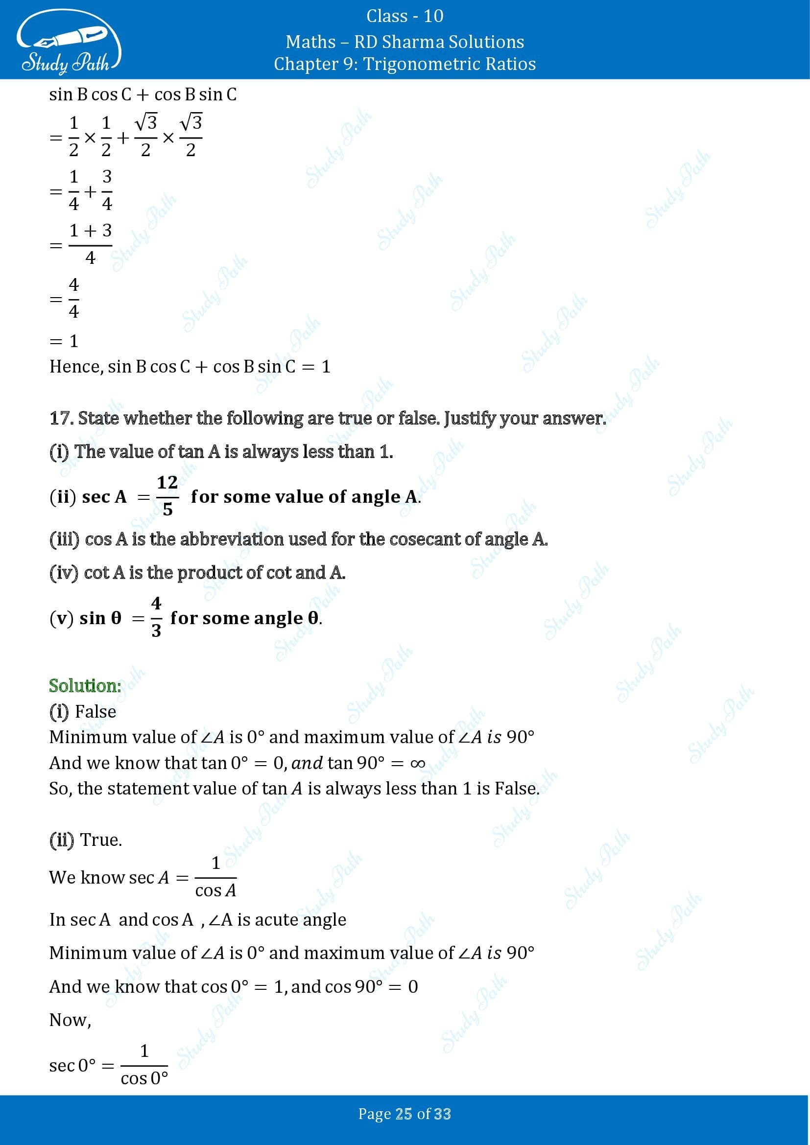 RD Sharma Solutions Class 10 Chapter 9 Trigonometric Ratios Exercise 9.1 00025