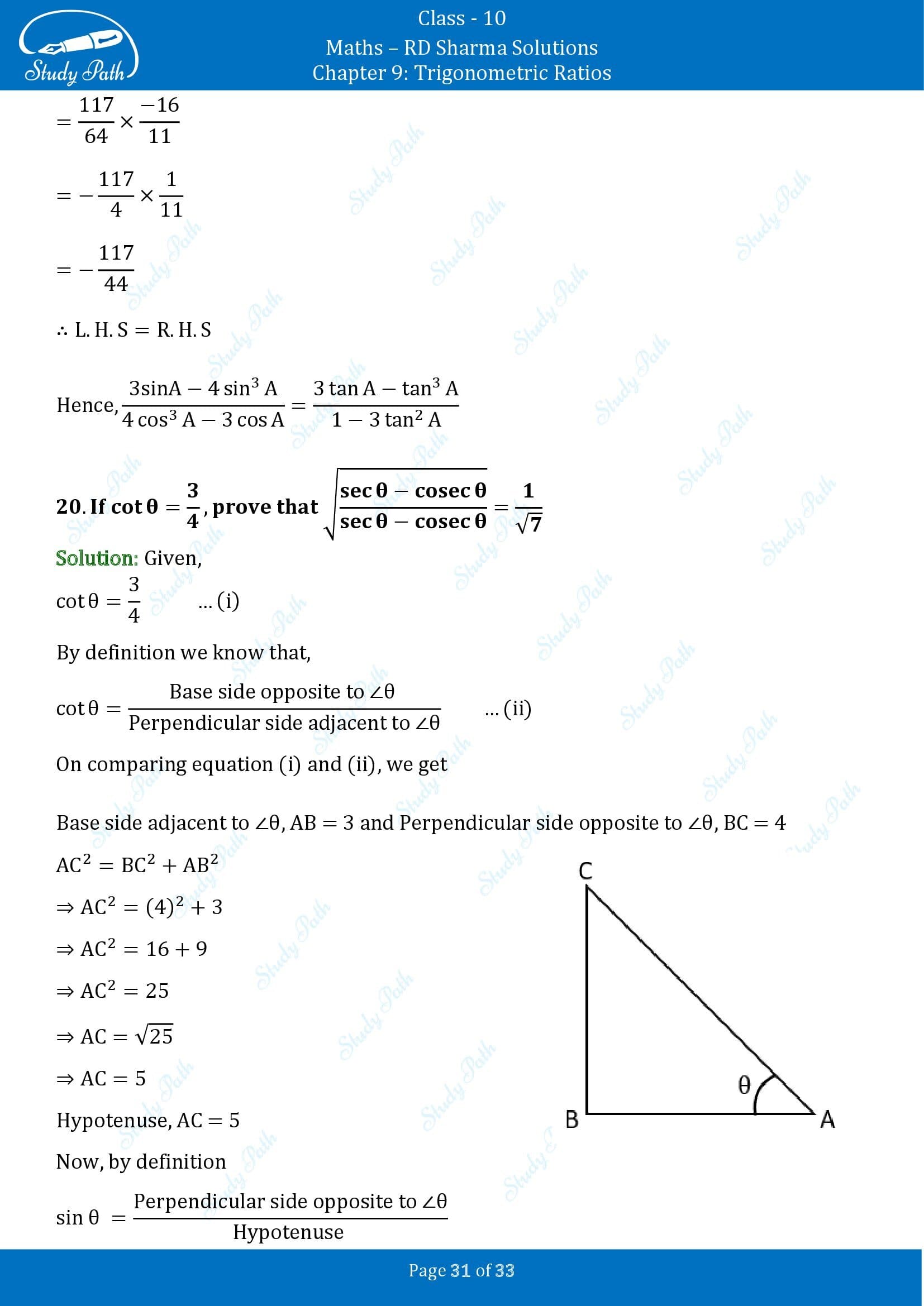 RD Sharma Solutions Class 10 Chapter 9 Trigonometric Ratios Exercise 9.1 00031