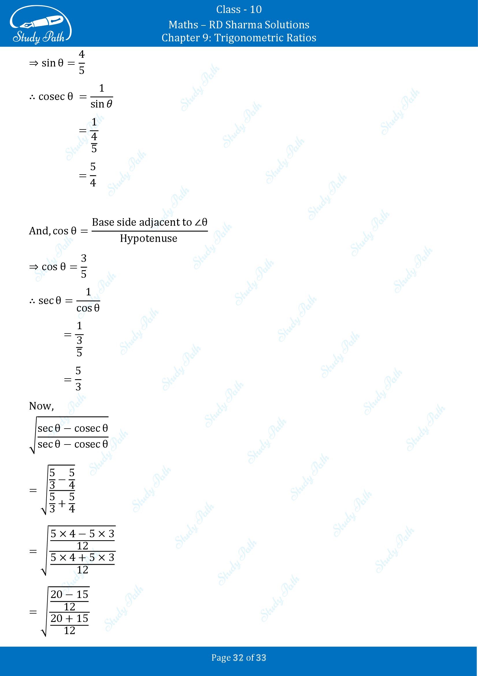 RD Sharma Solutions Class 10 Chapter 9 Trigonometric Ratios Exercise 9.1 00032