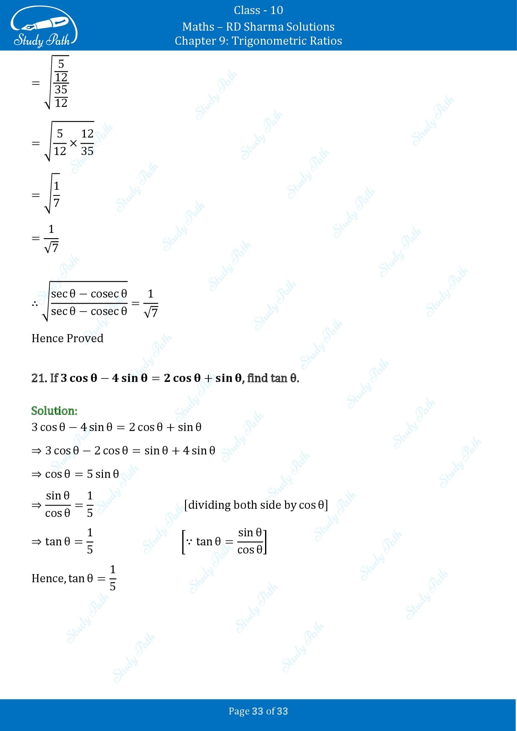 RD Sharma Solutions Class 10 Chapter 9 Trigonometric Ratios Exercise 9.1 00033