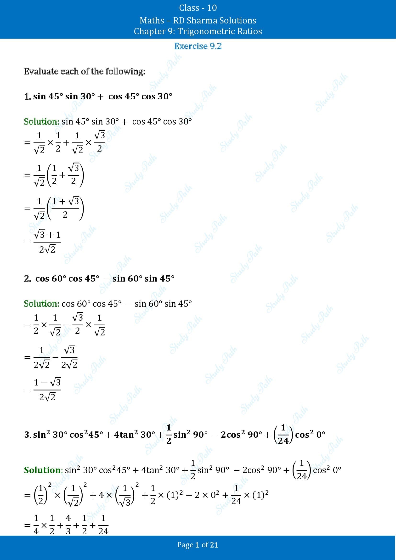 RD Sharma Solutions Class 10 Chapter 9 Trigonometric Ratios Exercise 9.2 00001