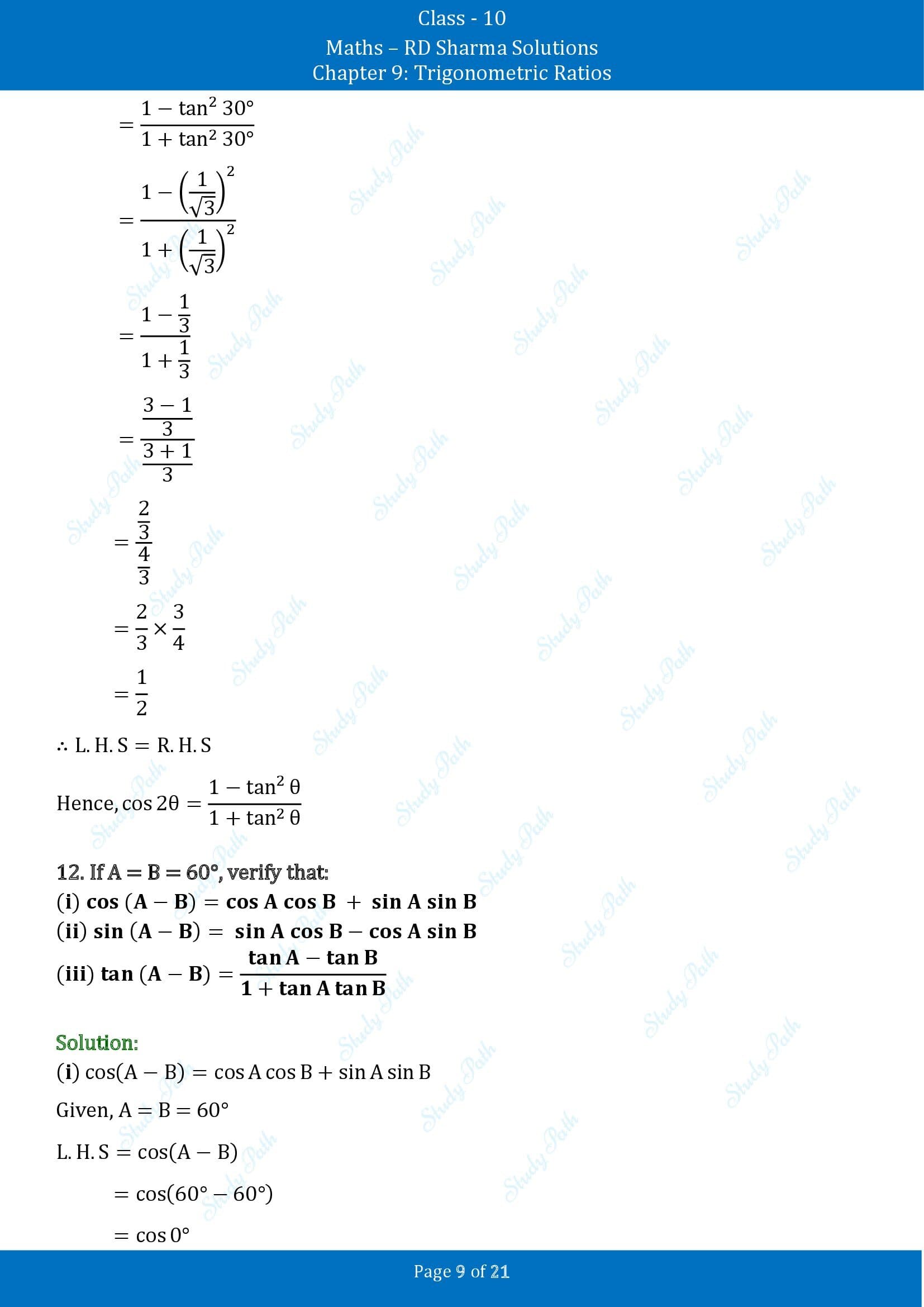 RD Sharma Solutions Class 10 Chapter 9 Trigonometric Ratios Exercise 9.2 00009