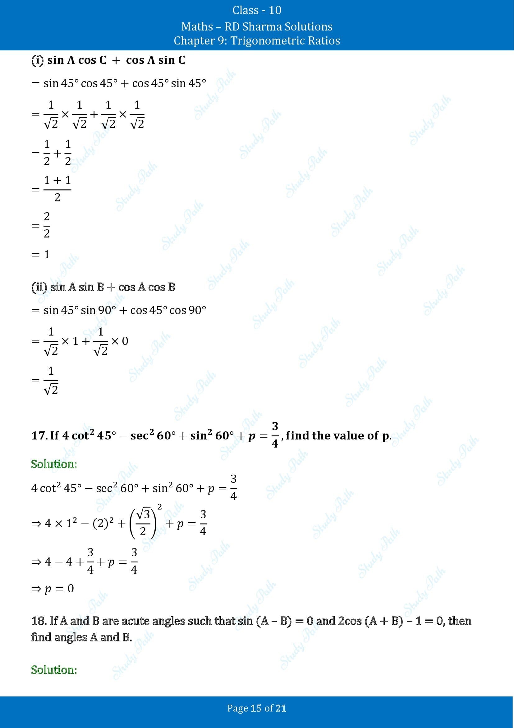 RD Sharma Solutions Class 10 Chapter 9 Trigonometric Ratios Exercise 9.2 00015