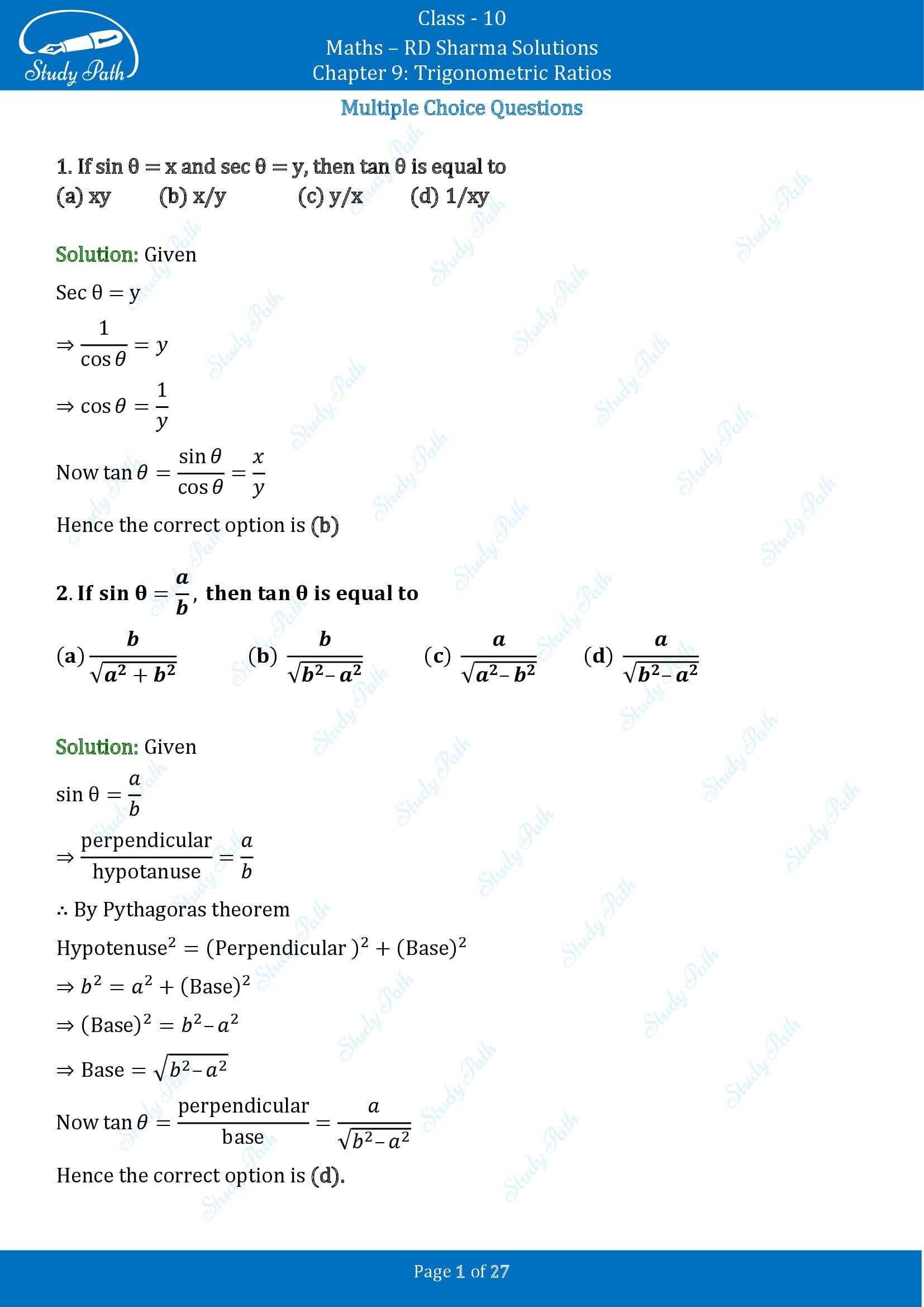 RD Sharma Solutions Class 10 Chapter 9 Trigonometric Ratios Multiple Choice Questions MCQs 00001