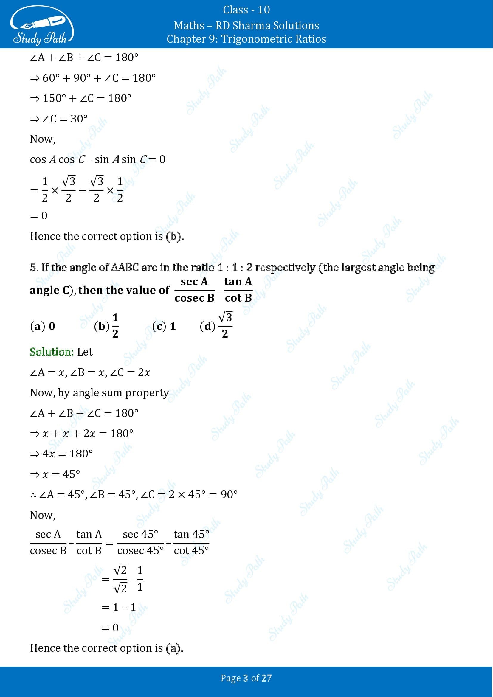 RD Sharma Solutions Class 10 Chapter 9 Trigonometric Ratios Multiple Choice Questions MCQs 00003