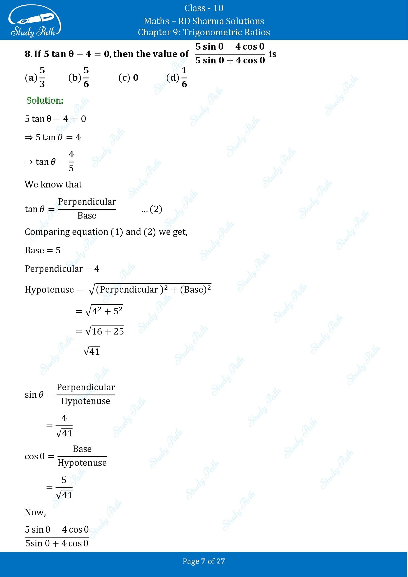 RD Sharma Solutions Class 10 Chapter 9 Trigonometric Ratios Multiple Choice Questions MCQs 00007