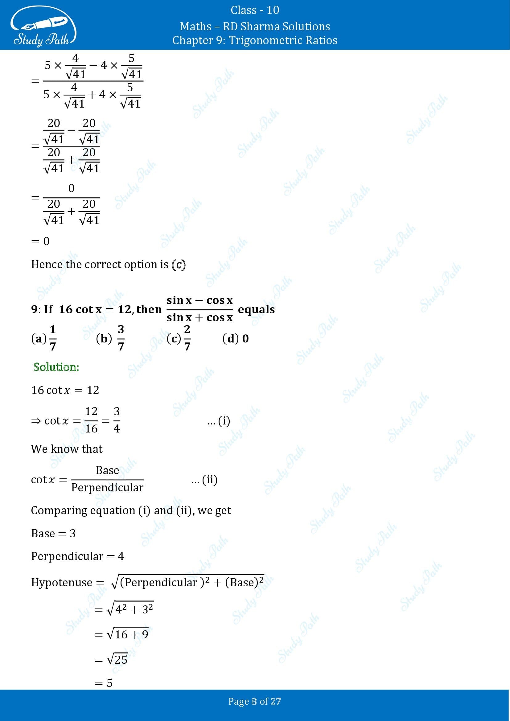 RD Sharma Solutions Class 10 Chapter 9 Trigonometric Ratios Multiple Choice Questions MCQs 00008