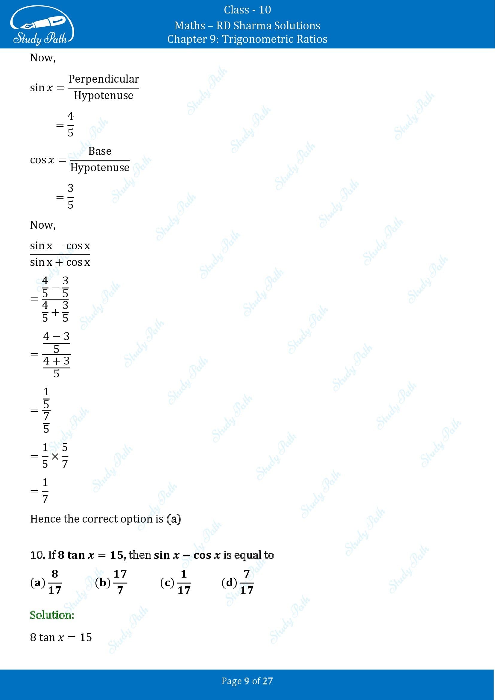 RD Sharma Solutions Class 10 Chapter 9 Trigonometric Ratios Multiple Choice Questions MCQs 00009