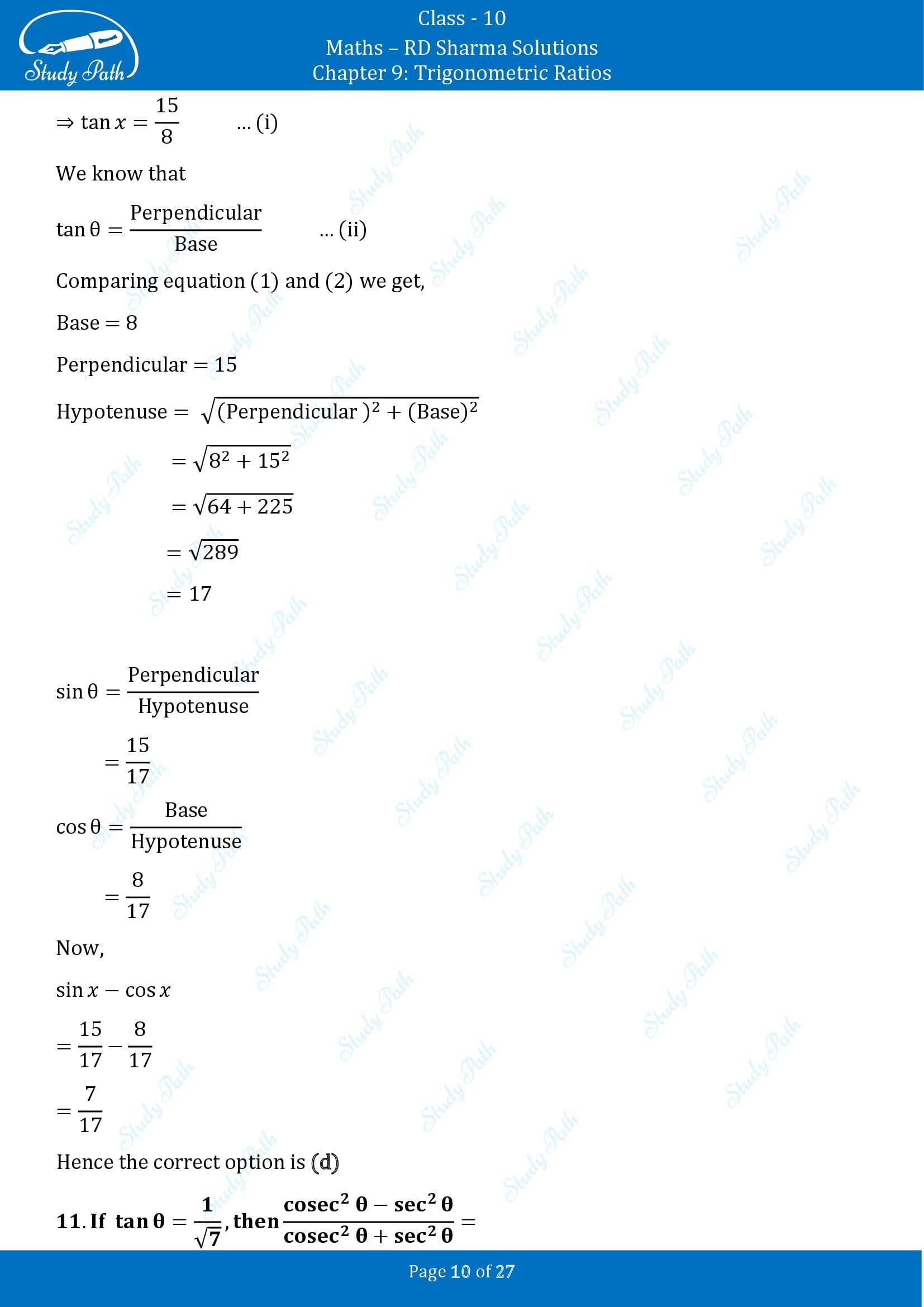 RD Sharma Solutions Class 10 Chapter 9 Trigonometric Ratios Multiple Choice Questions MCQs 00010