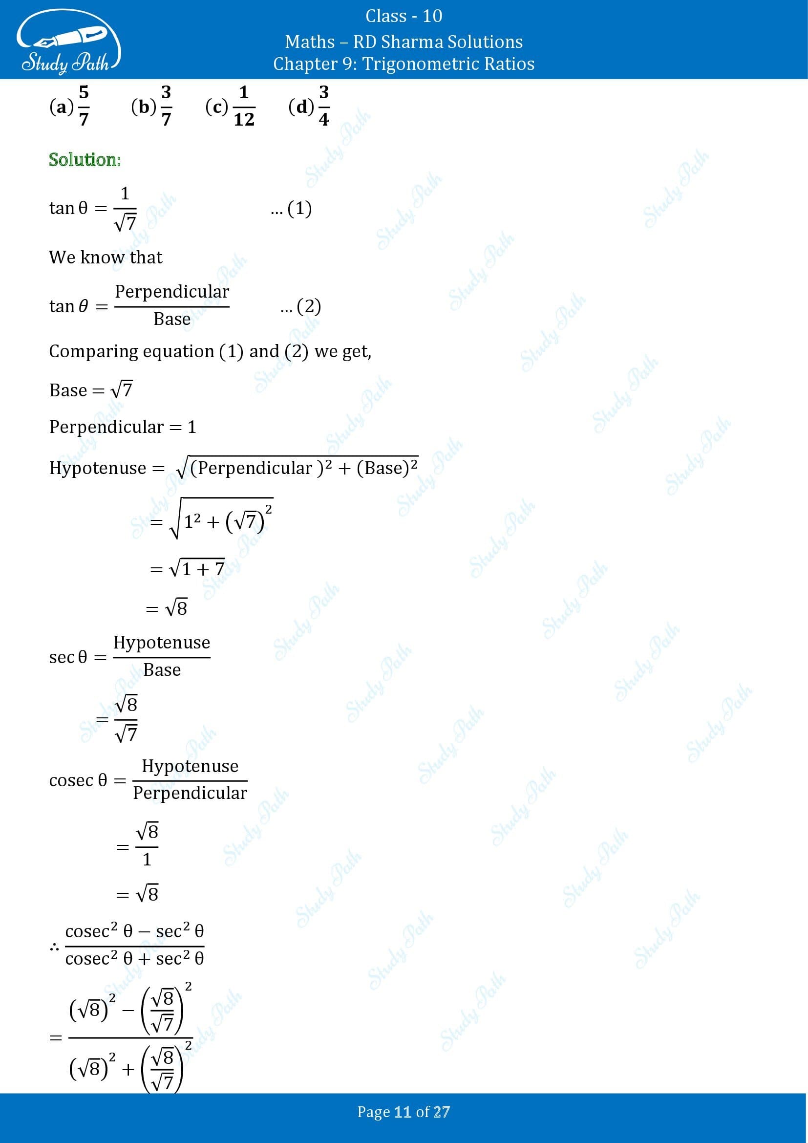 RD Sharma Solutions Class 10 Chapter 9 Trigonometric Ratios Multiple Choice Questions MCQs 00011