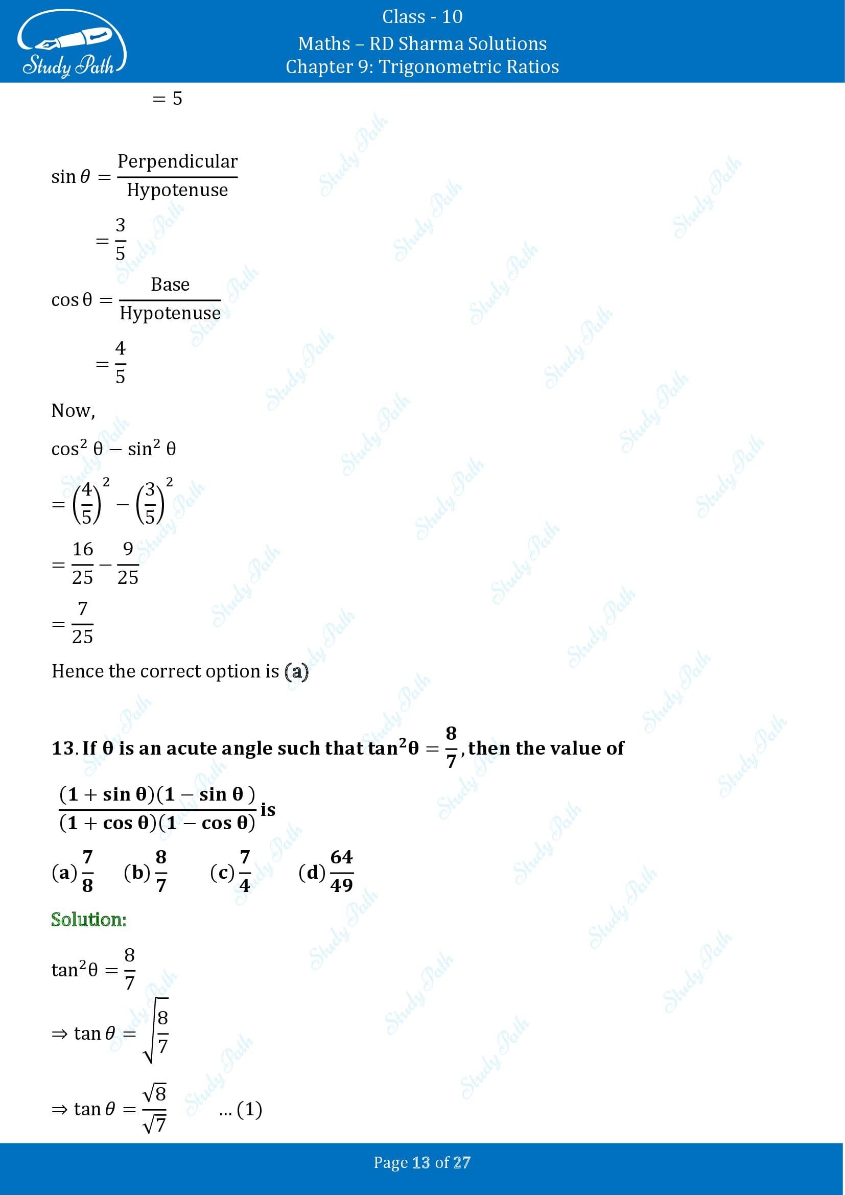 RD Sharma Solutions Class 10 Chapter 9 Trigonometric Ratios Multiple Choice Questions MCQs 00013