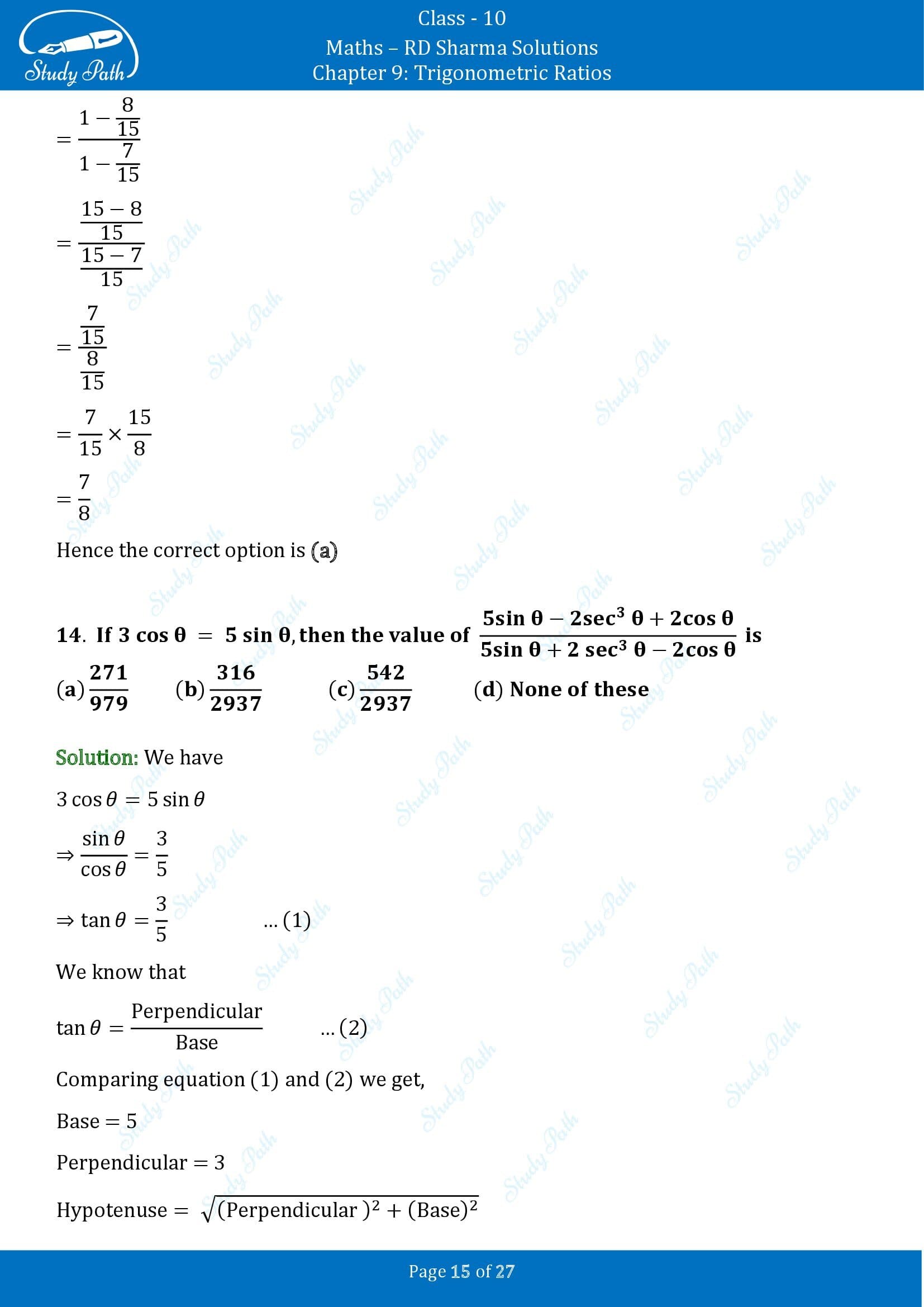 RD Sharma Solutions Class 10 Chapter 9 Trigonometric Ratios Multiple Choice Questions MCQs 00015