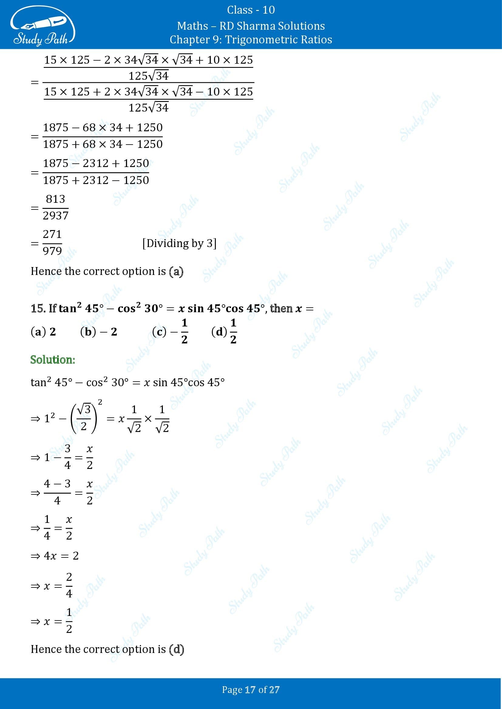 RD Sharma Solutions Class 10 Chapter 9 Trigonometric Ratios Multiple Choice Questions MCQs 00017