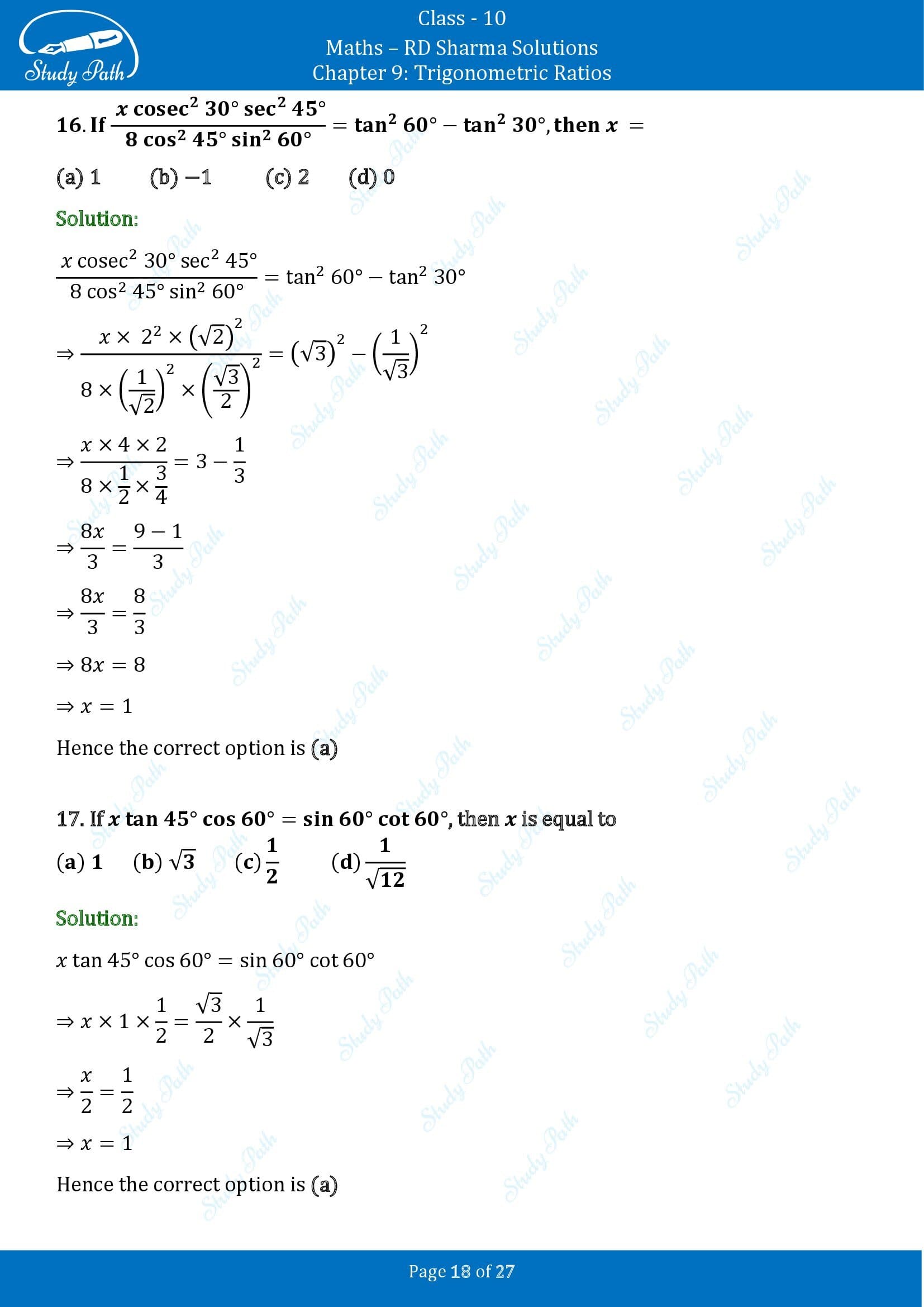 RD Sharma Solutions Class 10 Chapter 9 Trigonometric Ratios Multiple Choice Questions MCQs 00018