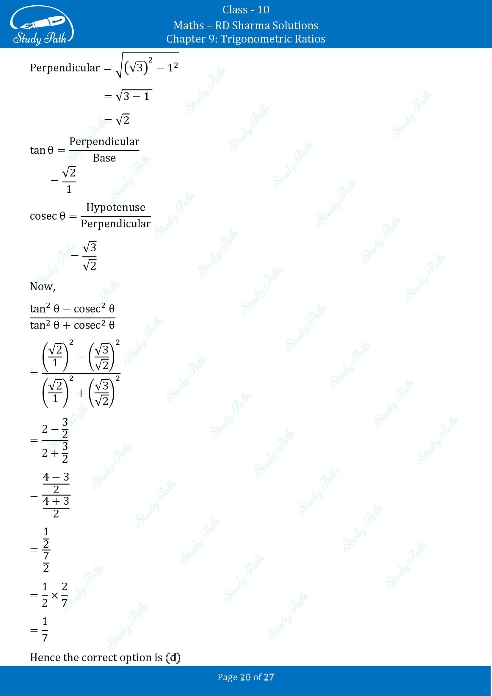 RD Sharma Solutions Class 10 Chapter 9 Trigonometric Ratios Multiple Choice Questions MCQs 00020