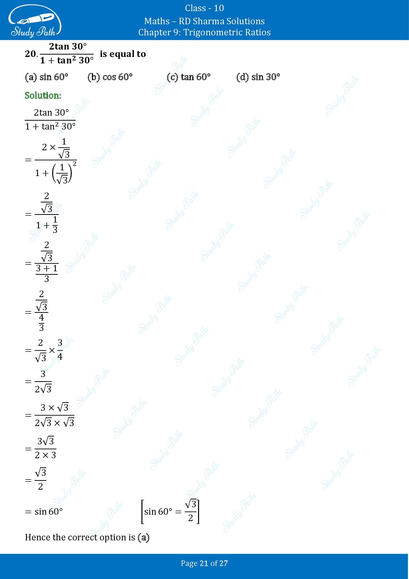 RD Sharma Solutions Class 10 Chapter 9 Trigonometric Ratios Multiple Choice Questions MCQs 00021