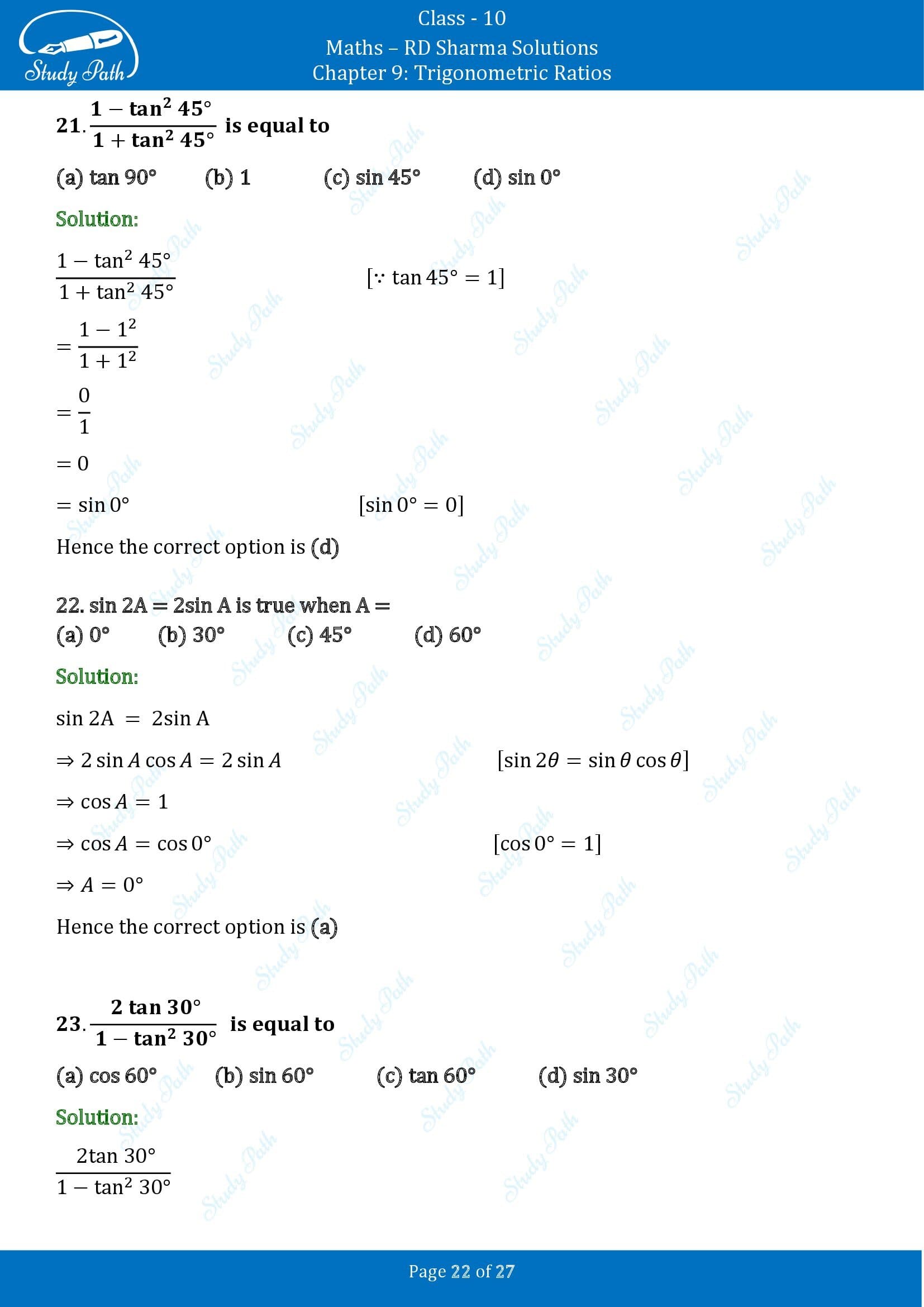 RD Sharma Solutions Class 10 Chapter 9 Trigonometric Ratios Multiple Choice Questions MCQs 00022