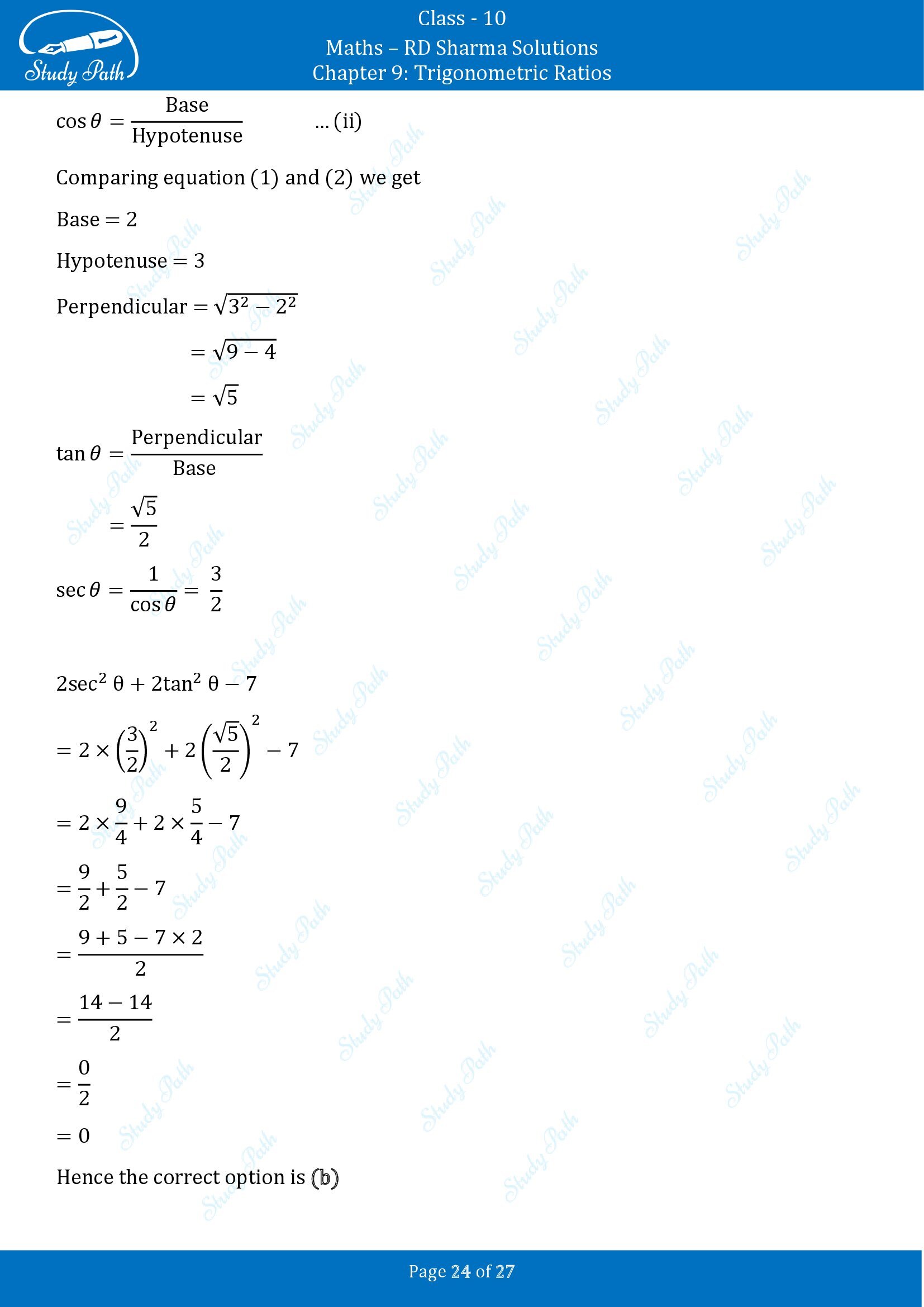 RD Sharma Solutions Class 10 Chapter 9 Trigonometric Ratios Multiple Choice Questions MCQs 00024