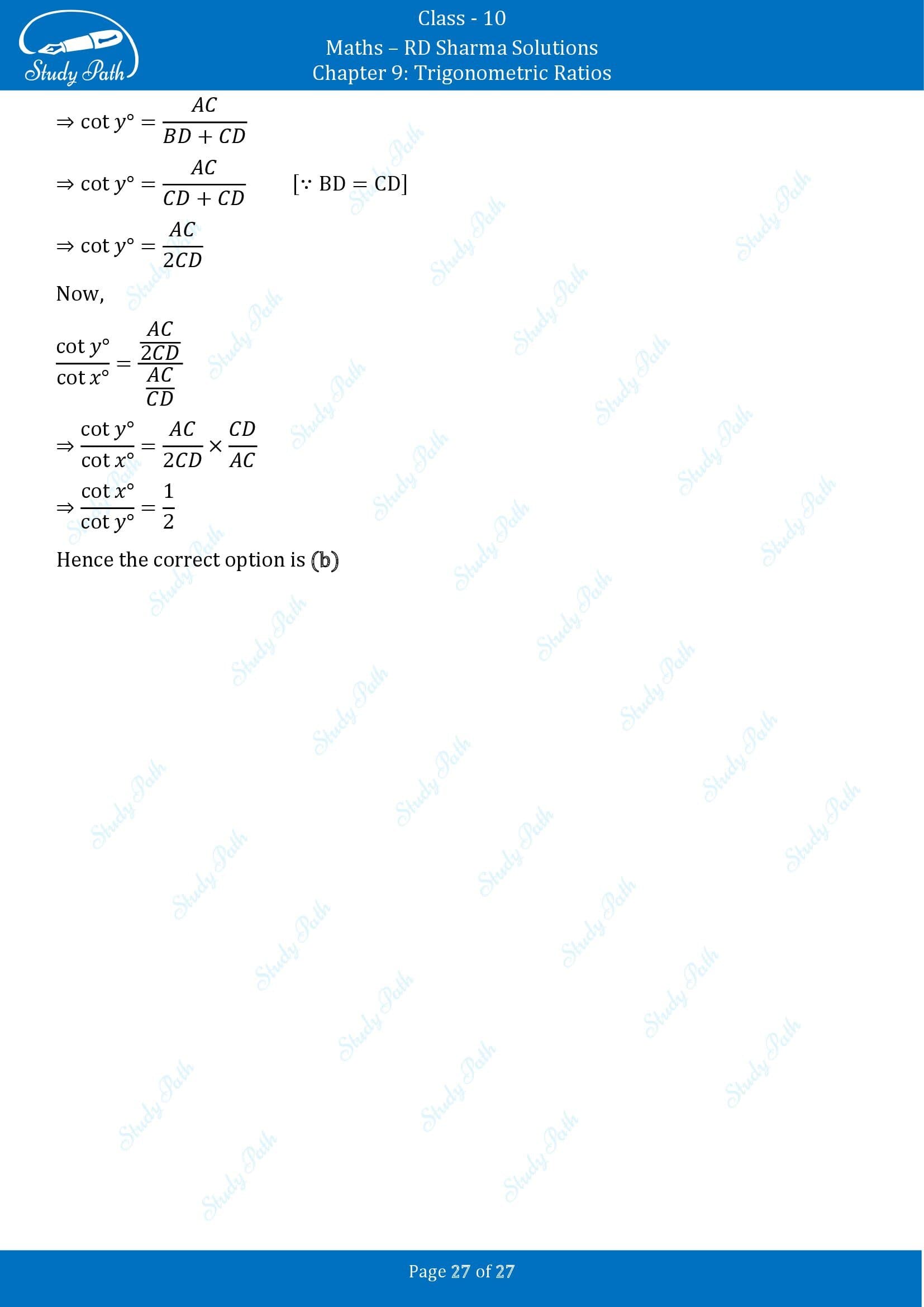 RD Sharma Solutions Class 10 Chapter 9 Trigonometric Ratios Multiple Choice Questions MCQs 00027