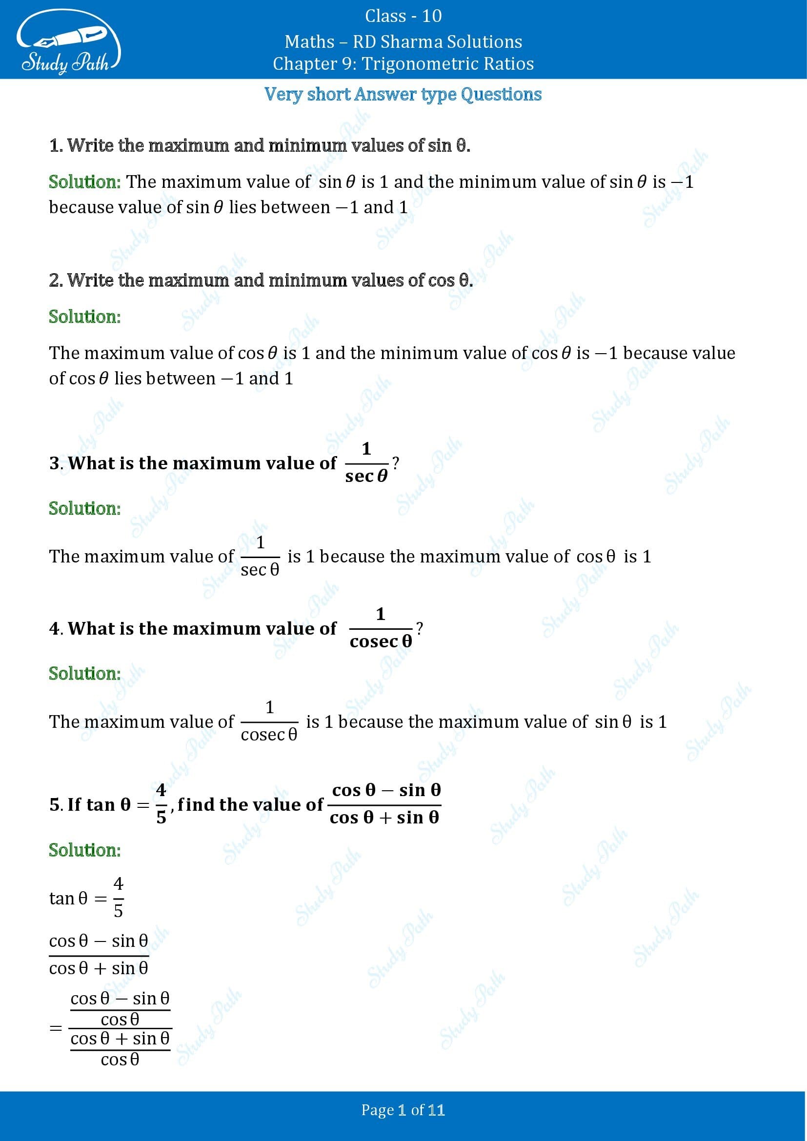 RD Sharma Solutions Class 10 Chapter 9 Trigonometric Ratios Very Short Answer Type Questions VSAQs 00001