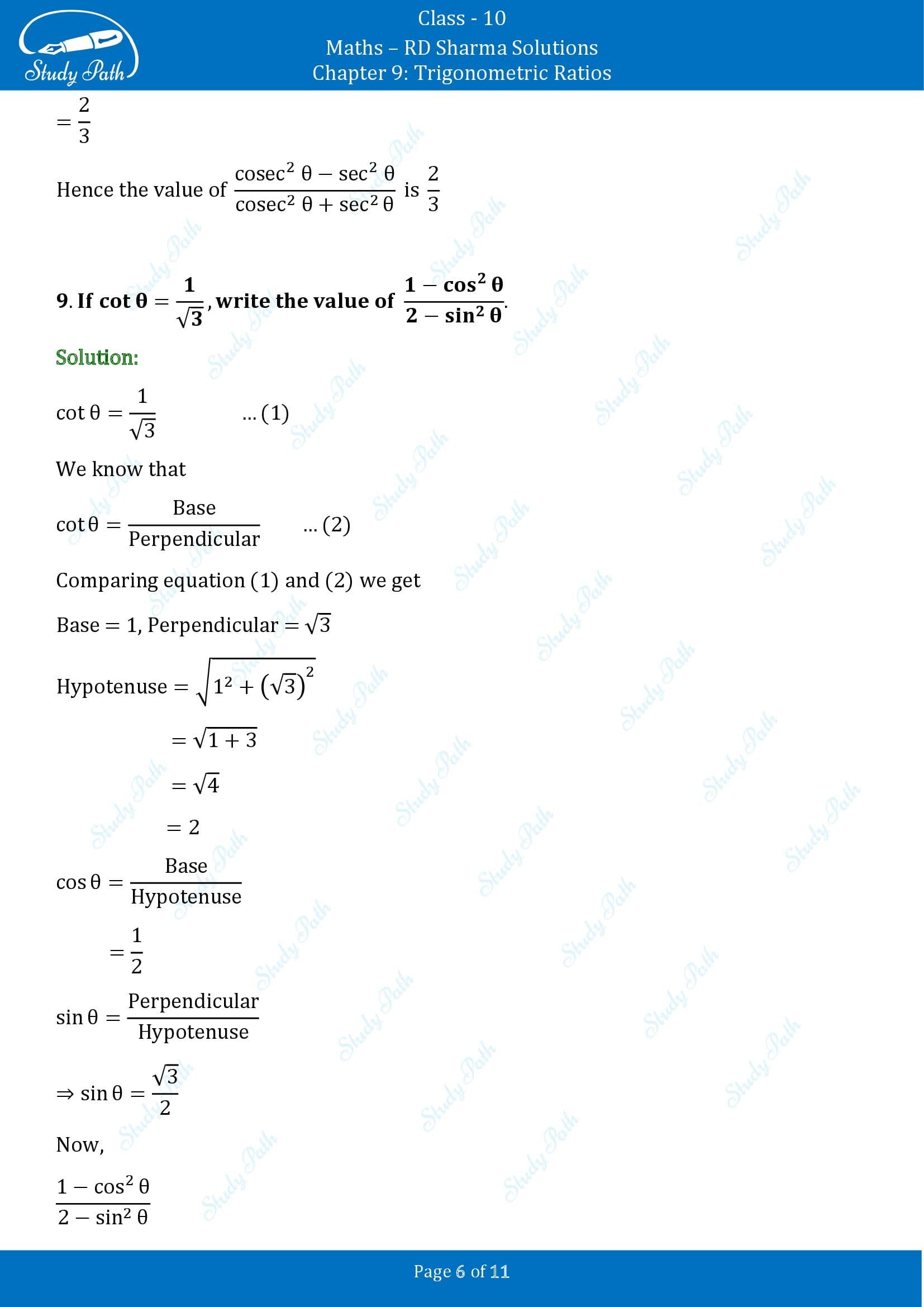 RD Sharma Solutions Class 10 Chapter 9 Trigonometric Ratios Very Short Answer Type Questions VSAQs 00006